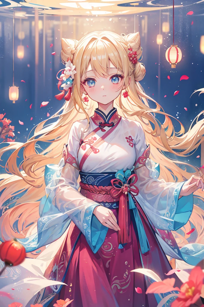 1 girl, wavy hair, long hair, blonde, blue eyes, earrings, blushed, brocade pattern, blurry background, see-through, underwater, water drop, dynamic lighting, light particle, sunlight, shadow, reflection, Chinese lanterns, floating hair, petals, coral, mature face, almond eyes, bun, long skirt, Hanfu