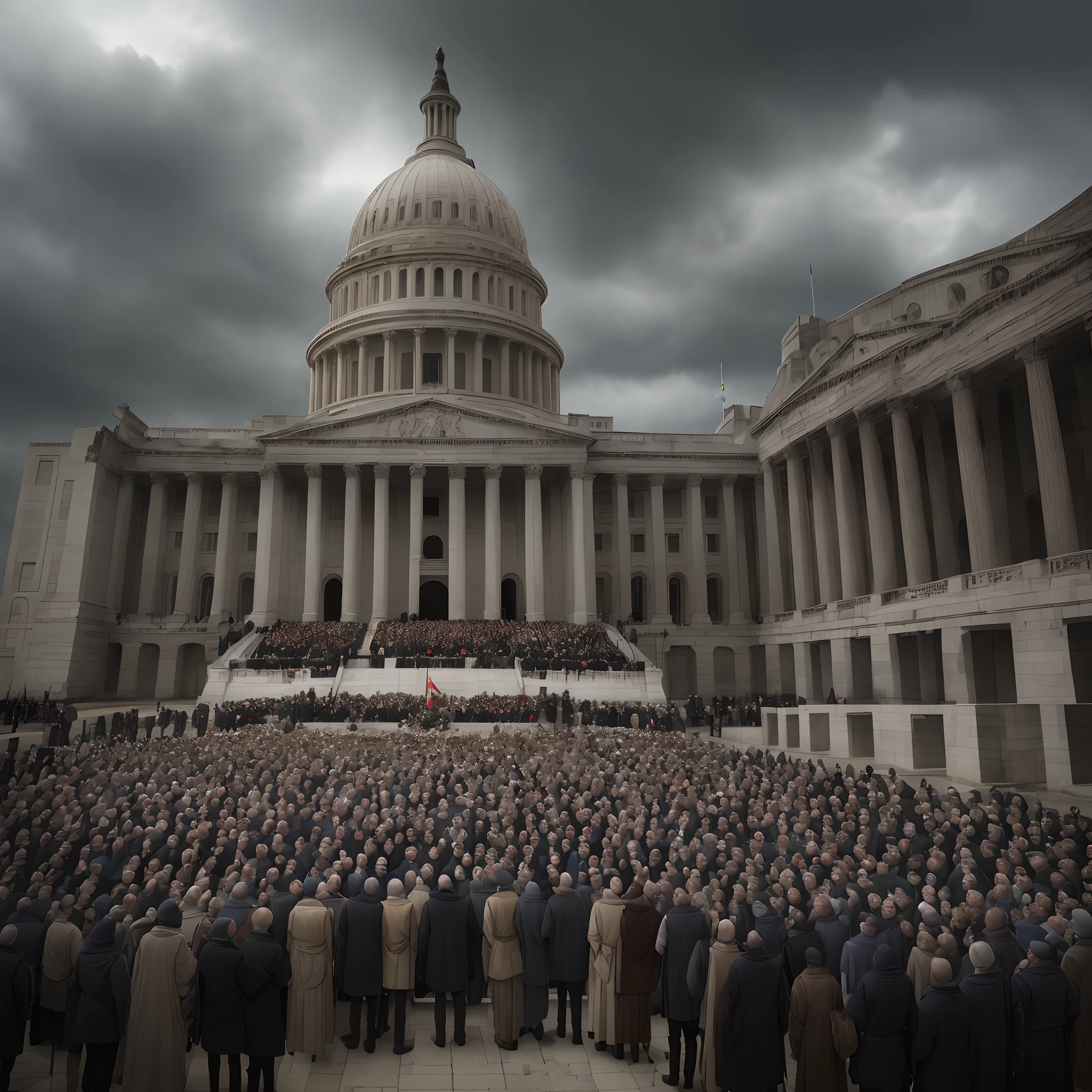 Pitch black scene，Magnificent Capitol，German flag，Soldiers in steel helmets salute，sentry，Several men in WWII German uniforms。