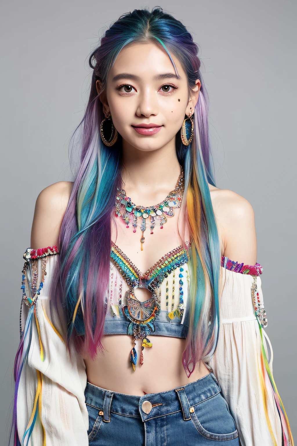 (extra detailed body、extra detailed face、best qualtiy:1.2)、femele、looking at the viewers、(rainbow-colored hair、Flashy clothes、12year old、A smile、Feather piercings down to below the shoulders、hippy、hair adornments、Fancy Necklaces、bell-bottoms)、(woodstock:1.4)