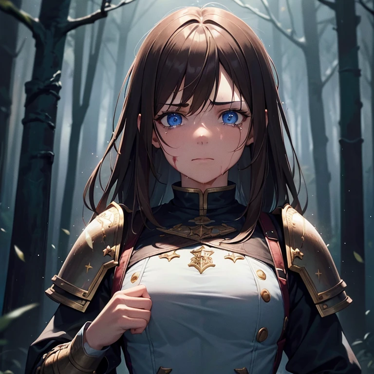 1 girl, brown hair, blue eye, crying, scared, holding left eye with left hand, blood on face, covered in blood, horror, Knights armour, no helmet, sword in right hand, woods, fire everywhere, rain, stars, night sky, intricate detail, perfect anatomy, wallpaper, 8k