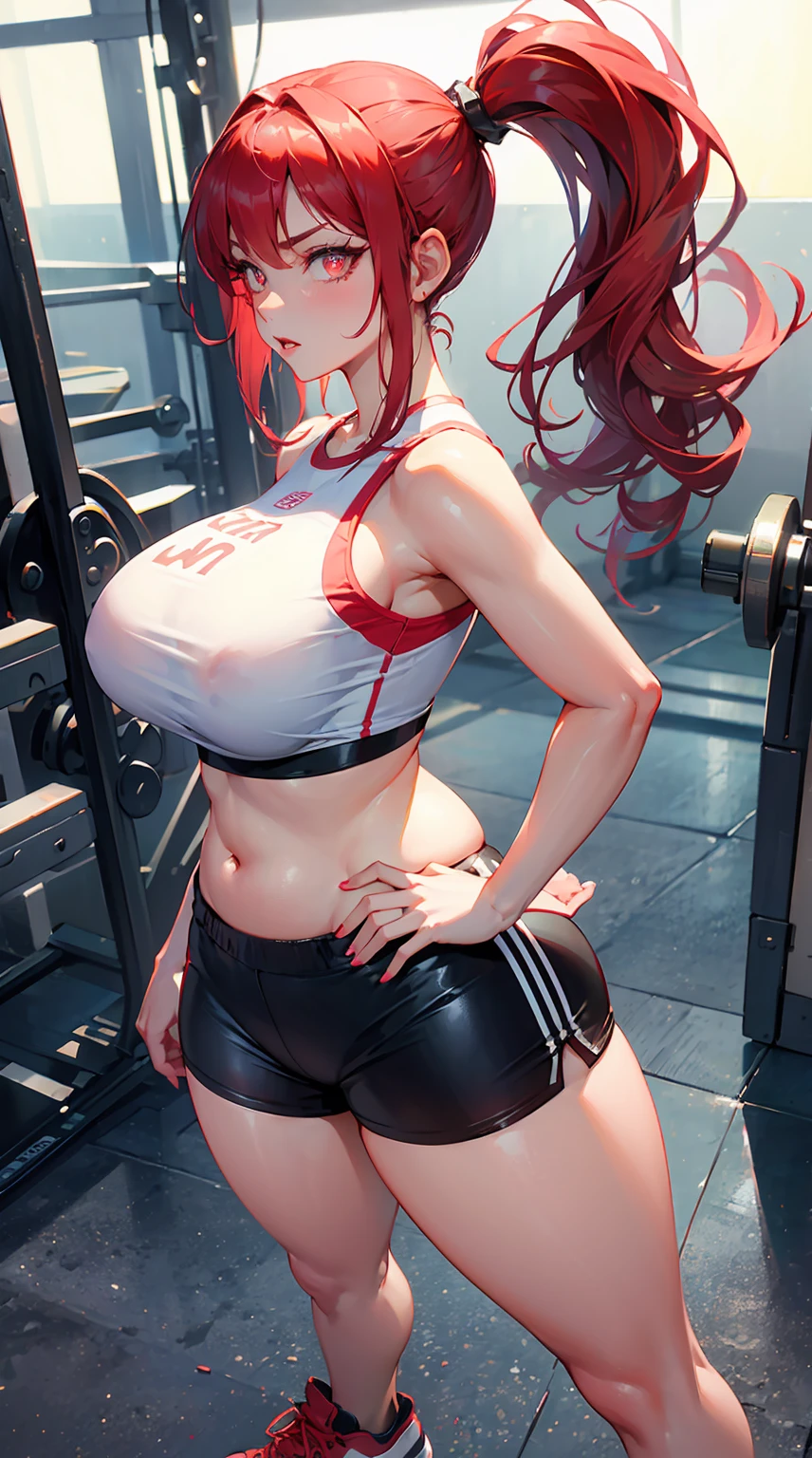 1 woman milf “"Giant breasts" + "large rear" + "wide hips" + "plump thighs" + "red eyes" + "(white star pupils)" + (("serious expression")) + "Long red Hair in a ponytail" + "Red Lips" + "Lucious Lips"”)}, {“Outfit”: short gym shorts, black tight crop top and sneakers})