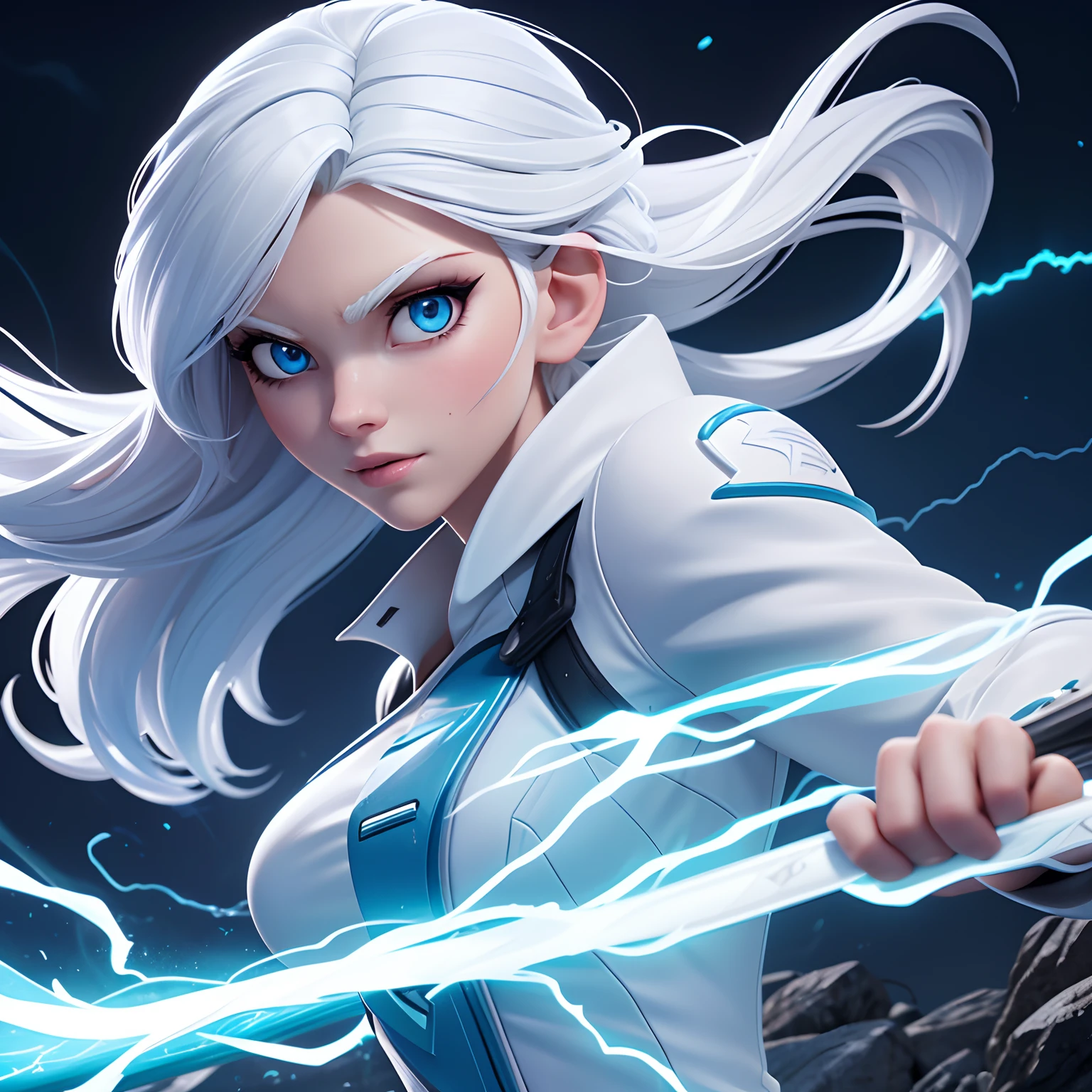 22 year old girl with white hair and blue eyes and lightning powers. Segurando uma espada em uma montanha.