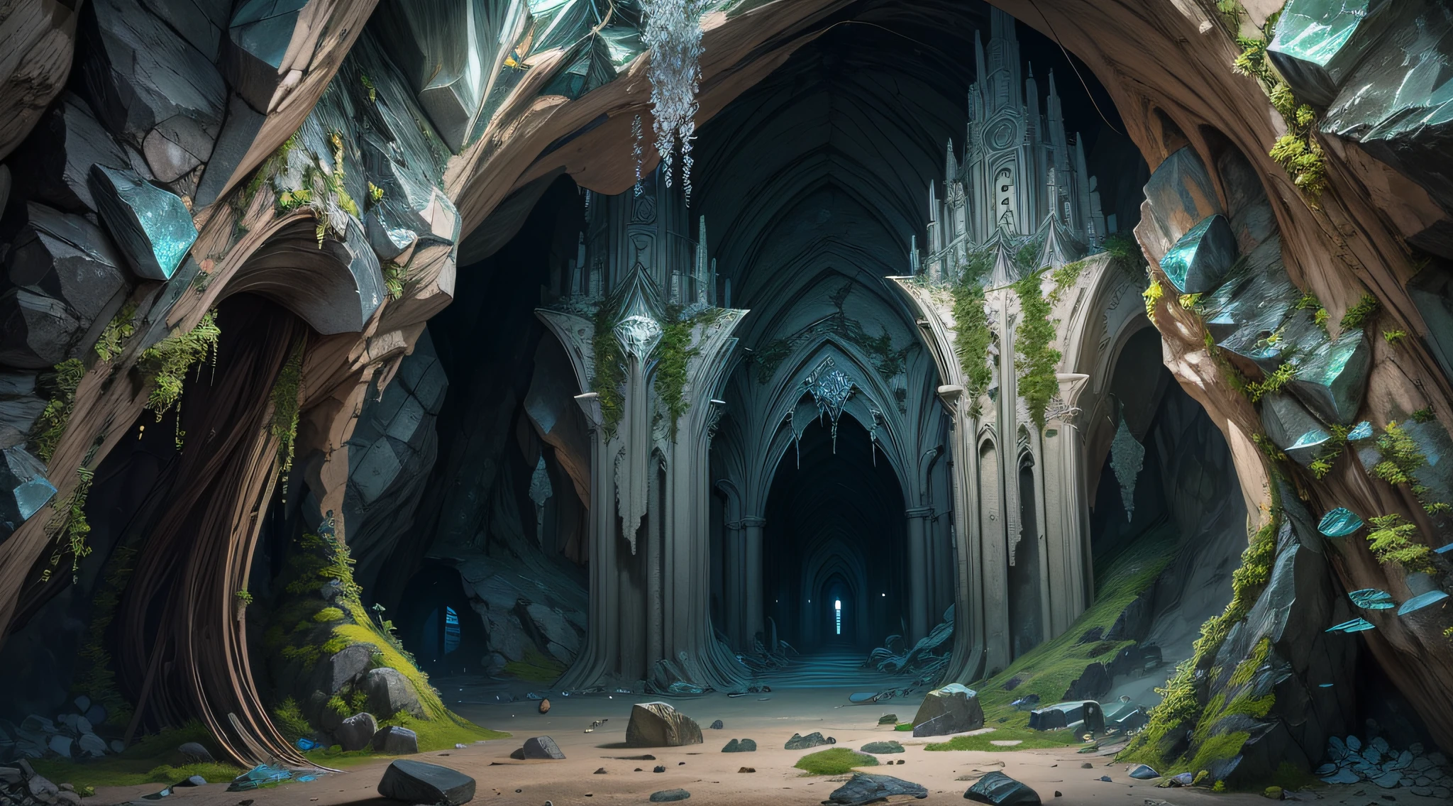 Incredible Cave, Gleaming walls and vaults, Everything shimmers, crystals, sticking out of the walls, In the Depths, You can see the underground elven palace and the city, Incredible Obsidian Sculpture Garden, Incredible atmosphere, Masterpiece, This is great, Spectacular, overdetalization, stone texture, Crystal Texture