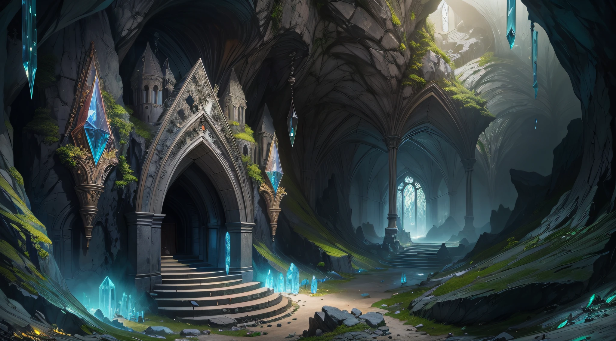 Incredible Cave, Gleaming walls and vaults, Everything shimmers, crystals, sticking out of the walls, In the Depths, You can see the underground elven palace and the city, Incredible Obsidian Sculpture Garden, Incredible atmosphere, Masterpiece, This is great, Spectacular, overdetalization, stone texture, Crystal Texture