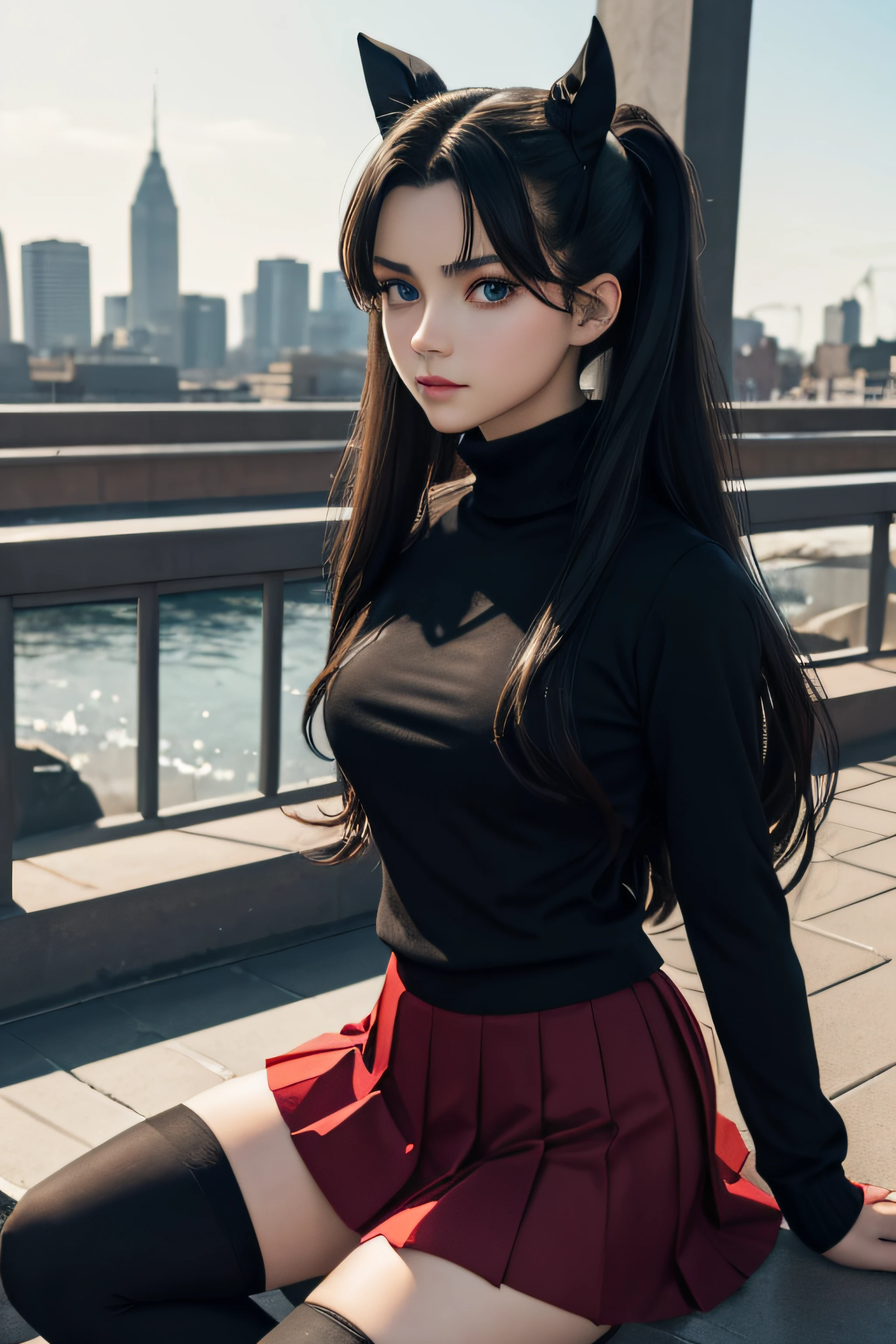 (masterpiece), best quality, expressive eyes, perfect face, 1girl, solo, rintohsaka, rin tohsaka, aqua eyes, black hair, hair ribbon, long hair, ribbon, sidelocks, two side up, black skirt, black thighhighs, long sleeves, miniskirt, pleated skirt, ((red sweater)), skirt, sweater, thighhighs, turtleneck, city background, sitting, character sheet, upper body, portrait, looking at viewer