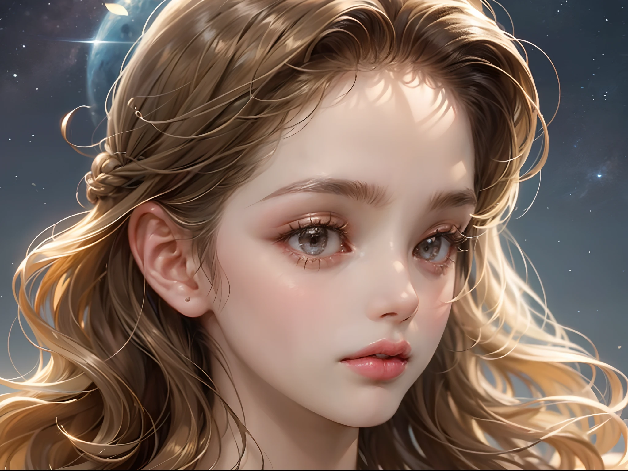 1 year old infant,closeup of face,Chubby little face,Big round eyes,Curly hair,Long hair,Q version avatar,Moe,Cute style,Delicate and exquisite,Head portrait,Close-up of the head,starryskybackground,the soft light