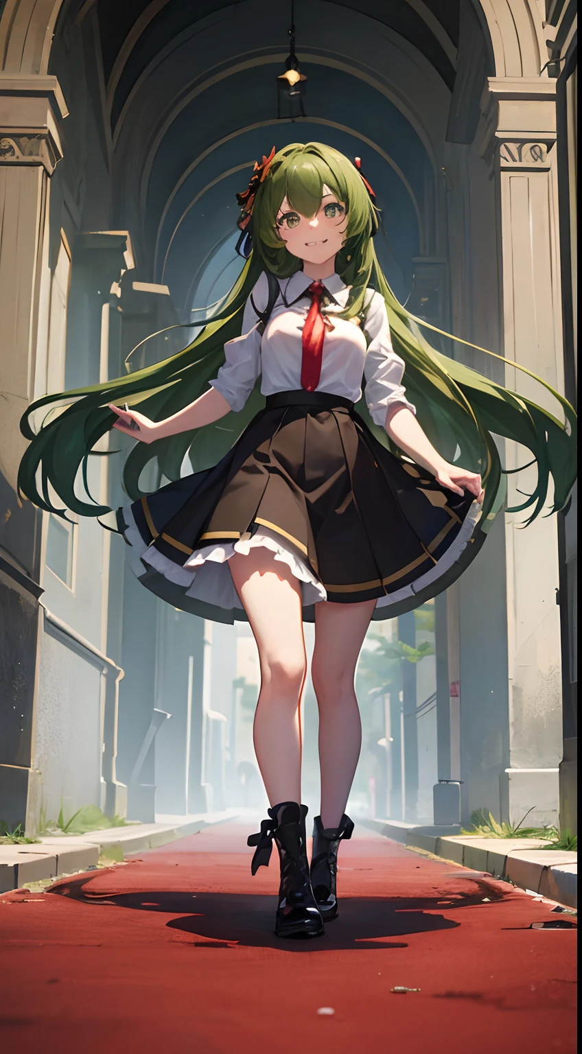 girl, arms outstretched, walking like a zombie, A playful grin expression, olive hair, full body