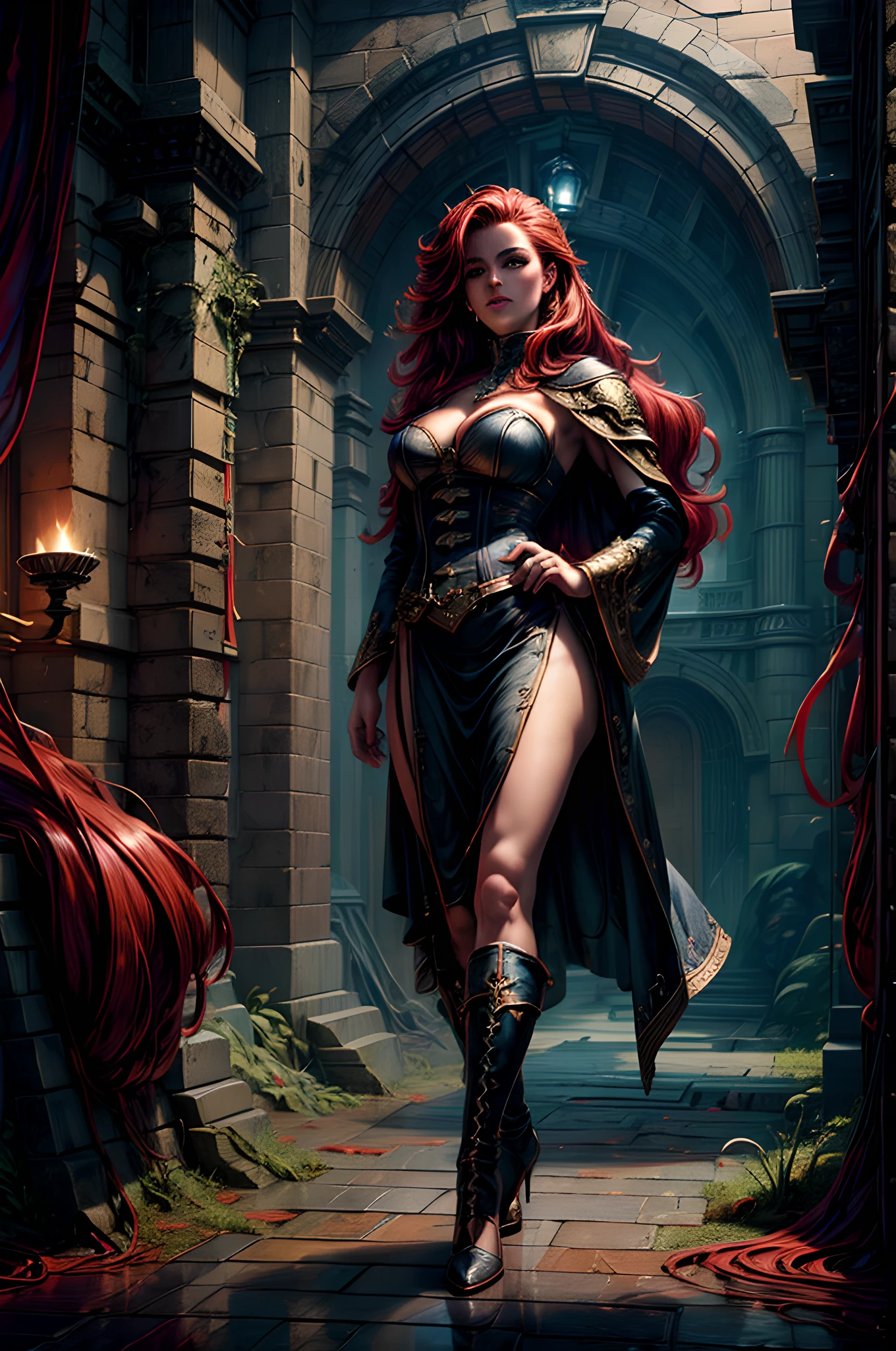 high details, best quality, 8k, [ultra detailed], masterpiece, best quality, (extremely detailed), full body, ultra wide shot, julie bell style (ultra details, Masterpiece, best quality), fantasy art, dnd art,fantasy art, realistic art, a sorceress casting a spell in magical library (ultra details, Masterpiece, best quality), exquite beautiful human woman (ultra details, Masterpiece, best quality), red hair, long hair, black dress (ultra details, Masterpiece, best quality), white cloak (ultra details, Masterpiece, best quality), high heeled boots (ultra details, Masterpiece, best quality)