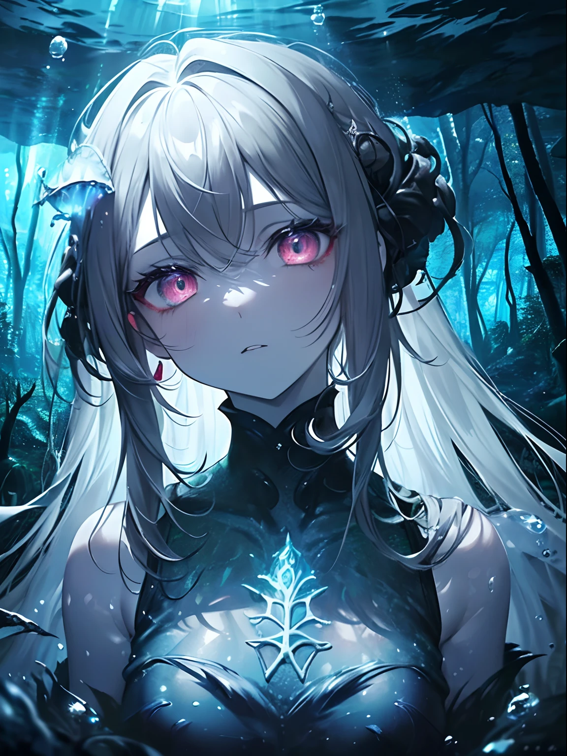(masterpiece,best quality,ultra-detailed),1girl, black hair,beautiful and detailed face, detailed eyes,looking at viewer, multicolored eyes,((grey theme),pale skin, glowing eyes ,in the sea,((night)),dark ambient,(underwater),smirk,blood,(monster girl)