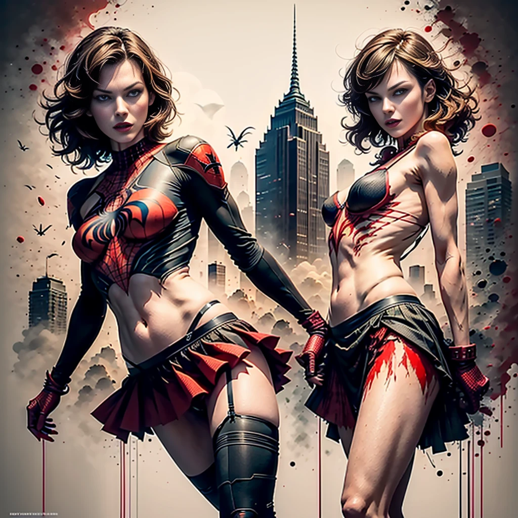 Hayden Panettiere、Sticking out the navel、newyork、She wears a torn Spider-Man suit,wearing skirt、 Red and black color scheme,Dynamic、masterpiece、top-quality、ultra-detailliert、ighly detailed、beautiful detailed brilliance、超A high resolution