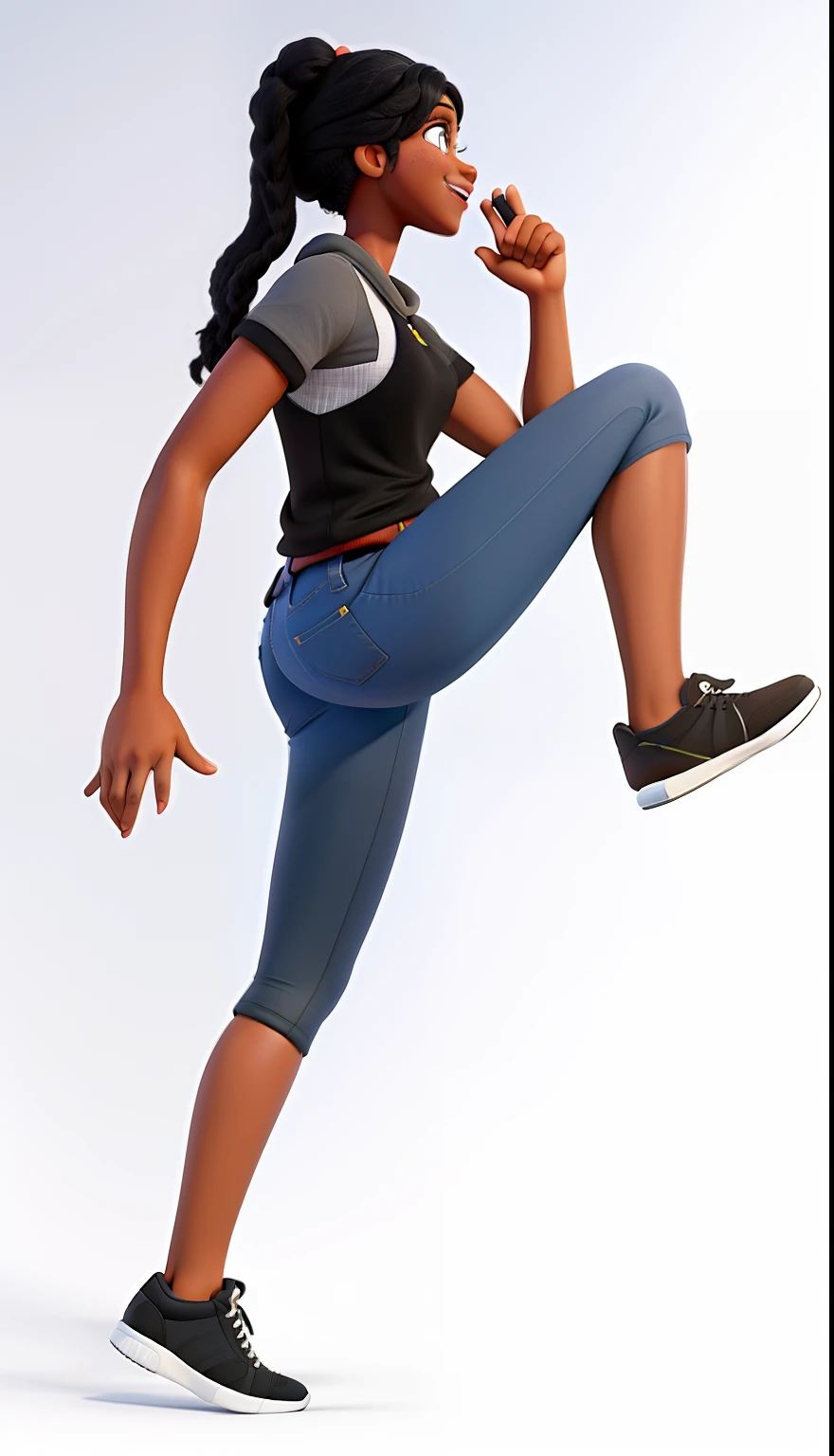 Mulher negra bonita se exercitando e sorrindo. Estilo Disney Pixar