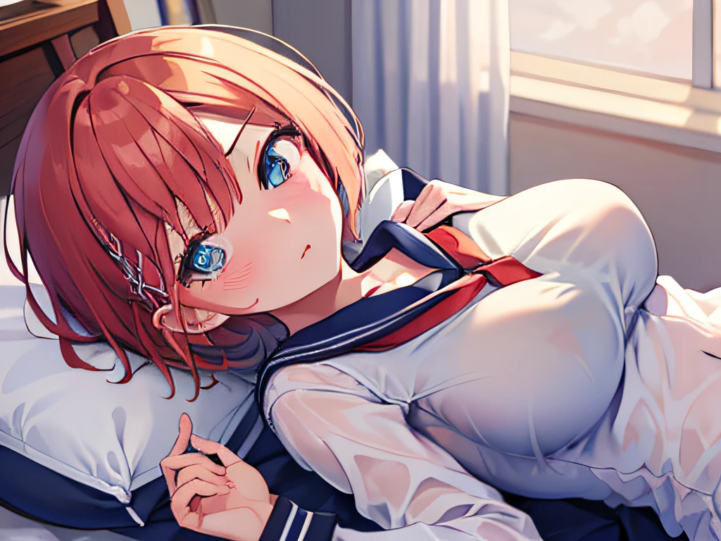 ((masterpiece)), ((best quality)), (ultra-detailed), on the bed, a cute girl, 1girl, solo, sailor suit, ((beautiful eyes)), short hair, large breast