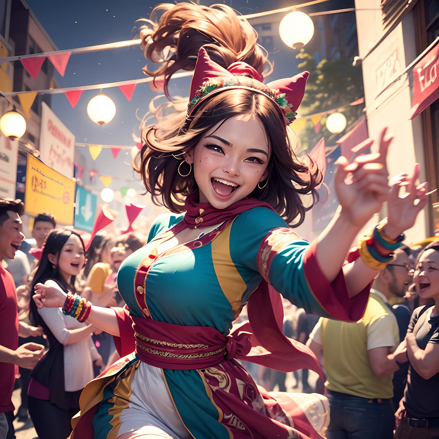 best quality,4k,8k,highres,ultra-detailed,(realistic,photorealistic,photo-realistic:1.37),lively, joyful, vibrant, colorful, cheerful, vibrant colors, happy, enthusiastic, energetic, lively expressions, dynamic, active,festive,celebratory,party atmosphere,excitable,movement,laughter,joy,excitement,smiling faces,laughter,animated,fun,upbeat,pure joy,positive energy,colorful clothes,celebration,filled with happiness and joy,happy atmosphere,dancing,dynamic poses,vibrant background,expressive faces,lively gestures,high spirits,cheerful expressions,exuberant,warm and bright lighting,happy vibe,energetic movements,laughter and happiness,enthusiastic crowd,jubilant,animated conversations,excited conversations,happy and lively people,dynamic action,joyful gathering,vivid colors,excited interactions,carefree moments,liveliness,animated atmosphere,sparkling,delighted,spirit of happiness,merry and bright,colorful decorations,joyous laughter,joyful celebration,excitement in the air,gleeful expressions,lively group,kids playing,exhilarating,indulgent,delightful atmosphere,exhilarating atmosphere,carefree attitude,overflowing happiness,jovial ambiance,animated happiness,animated environment,loud laughter,sparkling eyes,energetic atmosphere,lively expressions,joyful activities,playful atmosphere,vibrant party,vibrant vibe,cheerful conversations,bubbly atmosphere,high-spirited festivities,lively mood,exciting occasion,lively company,fiesta,happiness all around,enlivened,captivating,colorful and vibrant scene,spirited gathering,celebratory spirit