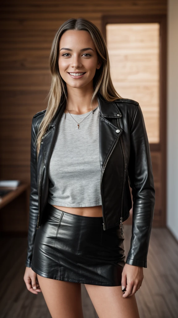 Hyperrealistic and detailed full body photo of a young woman, smiling blond beautiful women, wearing tight leather skirt and a cropped leather jacket. in office. Die Sonne scheint. Perfekte Augen, (Augen-Make-up:1.1), (Hochdetaillierter Skin:1.1), .RAW, Analoger Stil, Scharfer Fokus, 8K UHD, DSLR, High quality, Fujifilm XT3, Korn, awards winning, Meisterwerk.