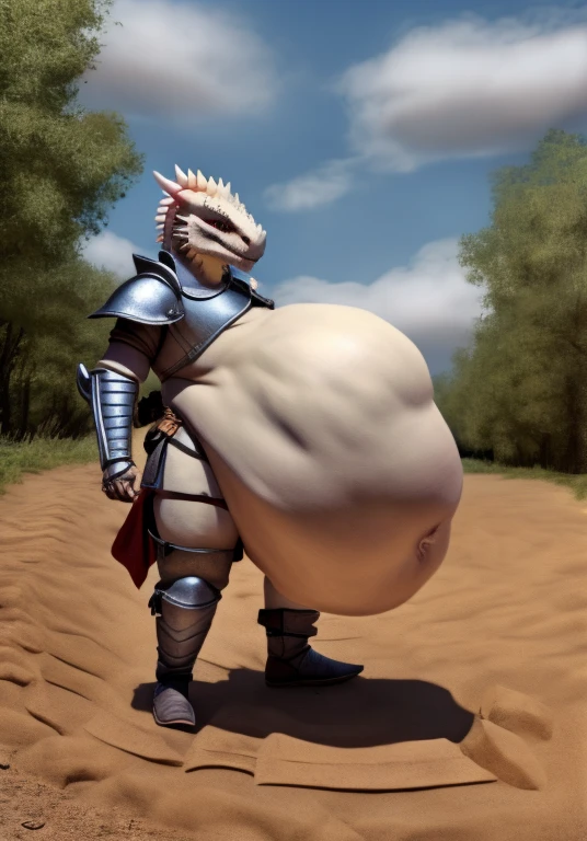 male argonian, overweight, chubby cheeks, big belly, hand on belly, wearing leather armor, sword sheath on hip, reading hand map, outside, path, standing on dirt path, daytime