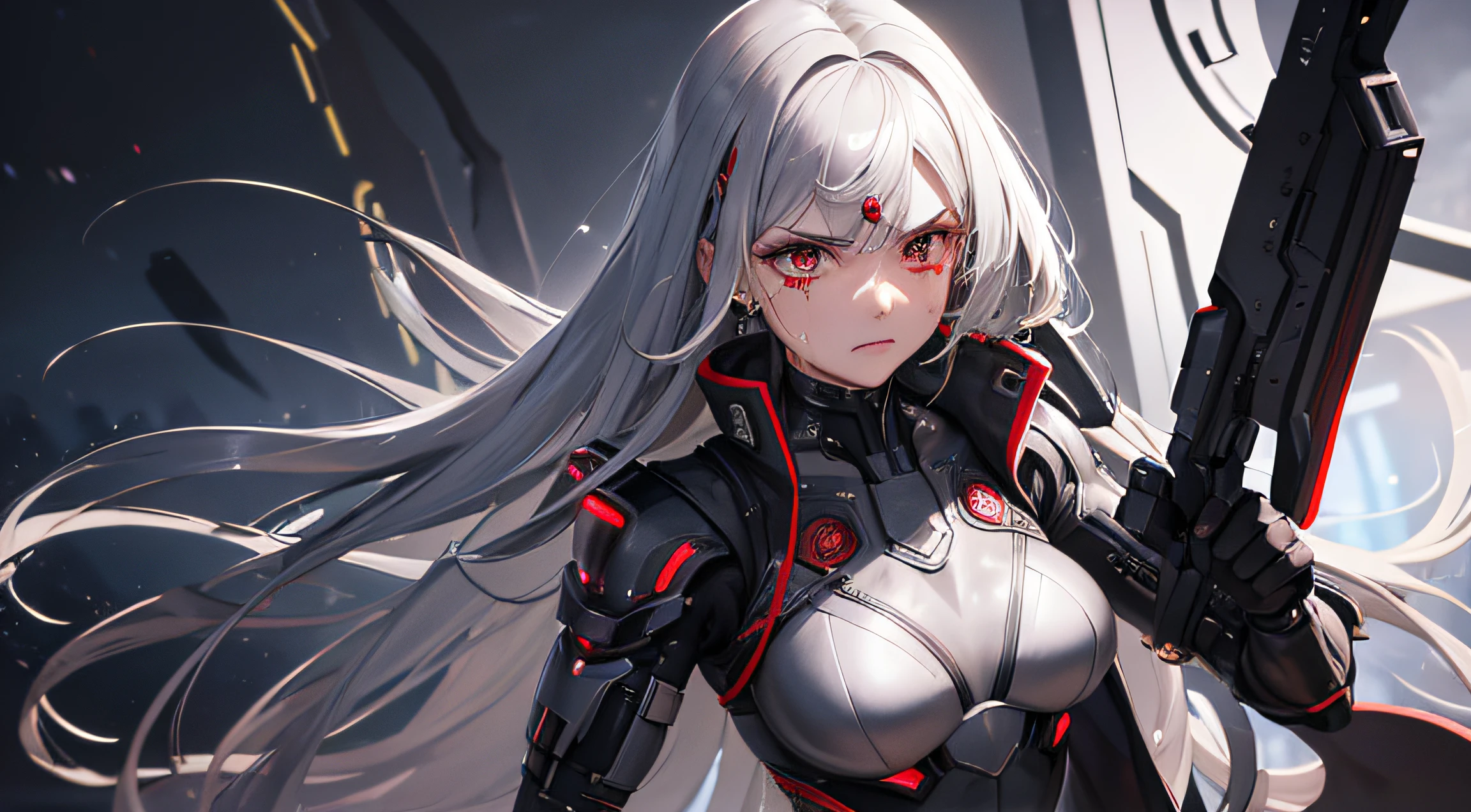 Futuristic Femal with three swords in her brust, with tears in big brown eyes, she is crying, the clothes are silver like a cyborg, the hair is like wires in chaos, backround is futuristic black with thunders and red microchips, angry face.