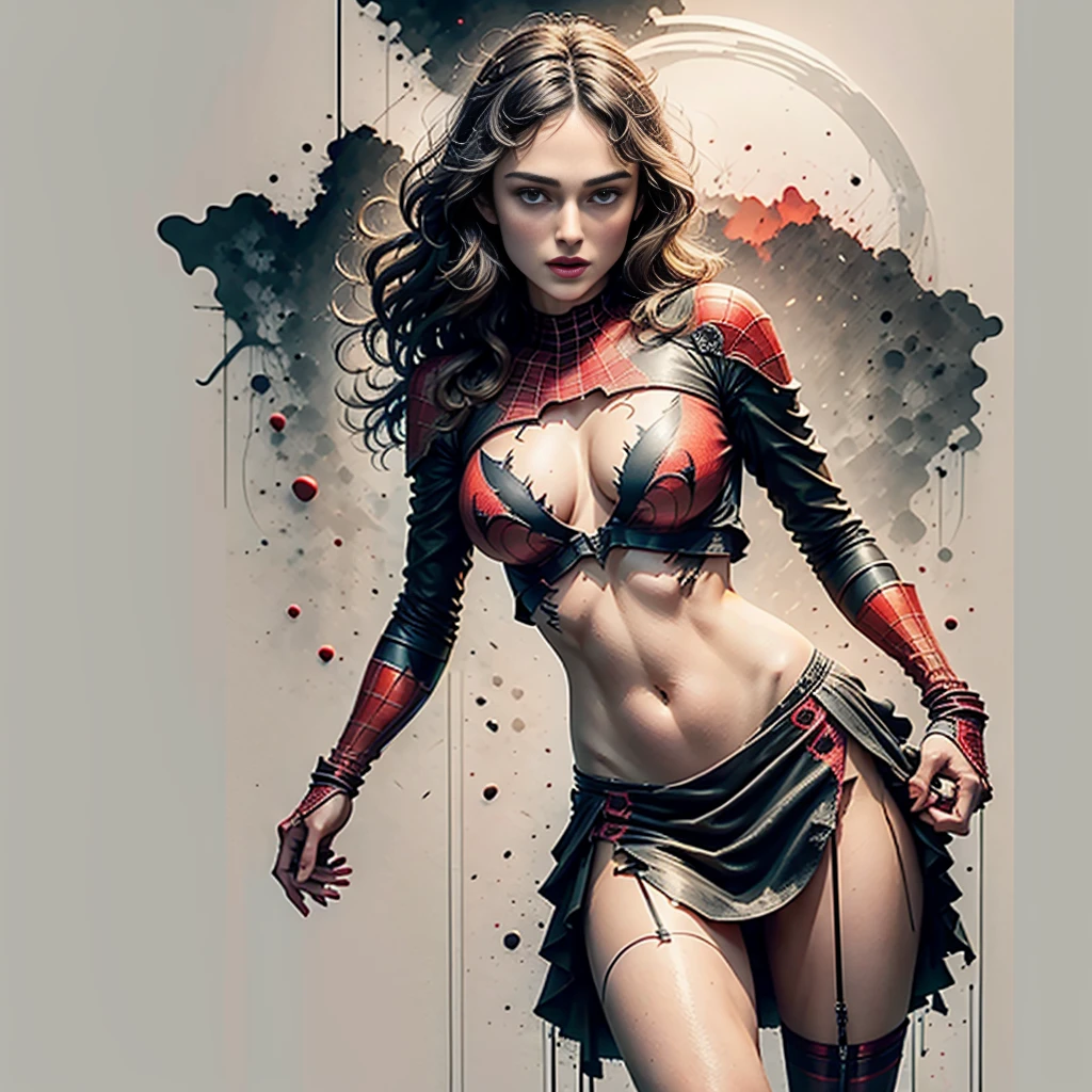keira knightley、Sticking out the navel、newyork、She wears a torn Spider-Man suit,wearing skirt、 Red and black color scheme,Dynamic、masterpiece、top-quality、ultra-detailliert、ighly detailed、beautiful detailed brilliance、超A high resolution