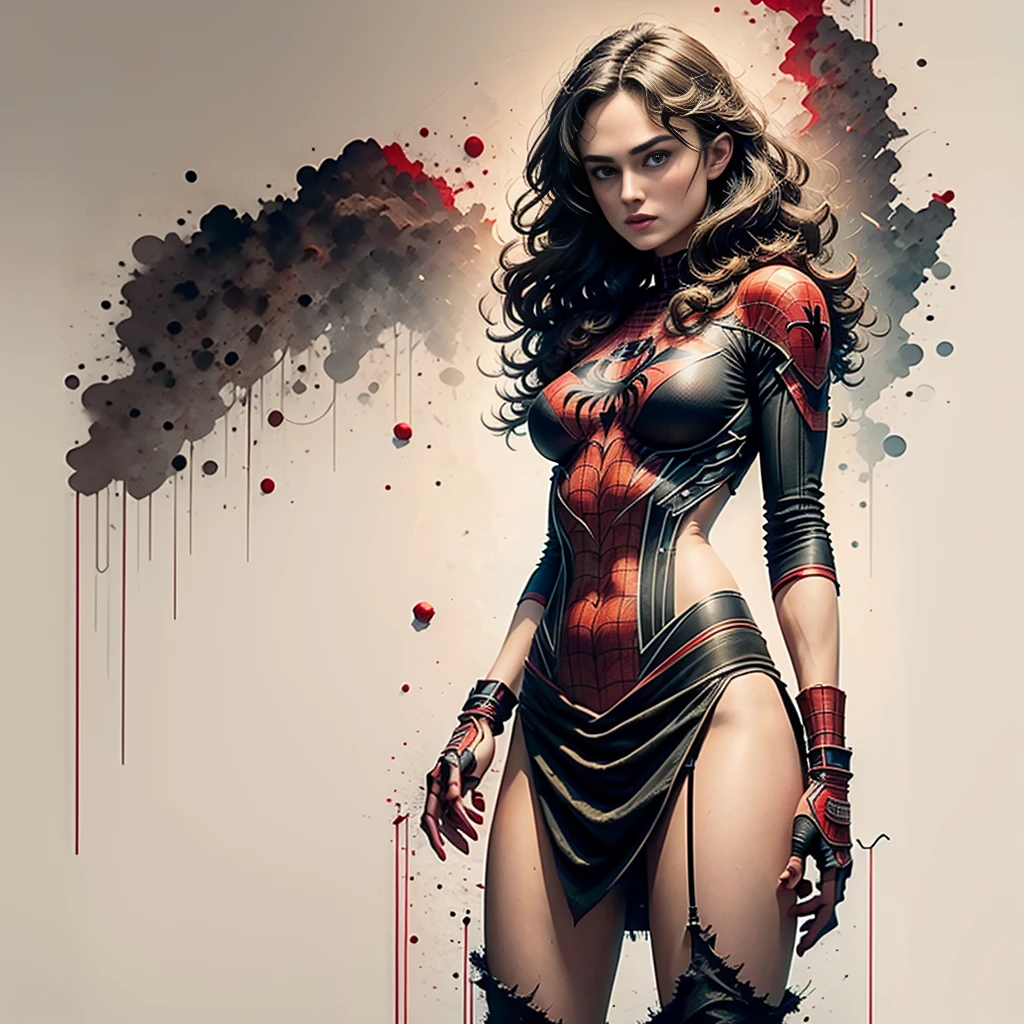 keira knightley、Sticking out the navel、newyork、She wears a torn Spider-Man suit,wearing skirt、 Red and black color scheme,Dynamic、​masterpiece、top-quality、ultra-detailliert、ighly detailed、beautiful detailed brilliance、超A high resolution