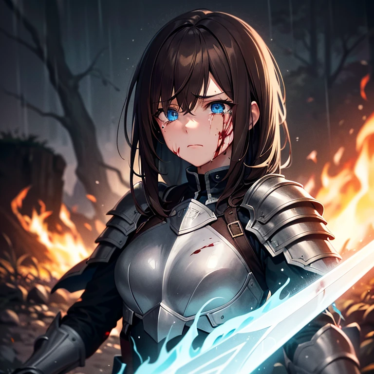 1 girl, brown hair, blue eye, crying, scared, holding left eye with left hand, blood on face, covered in blood, horror, Knights armour, no helmet, sword in right hand, woods, fire everywhere, rain, stars, night sky, intricate detail, perfect anatomy, wallpaper, 8k