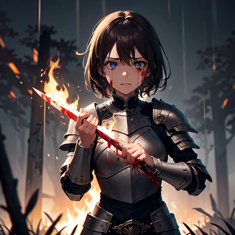 1 girl, brown hair, blue eye, crying, scared, holding left eye with left hand, blood on face, covered in blood, horror, Knights armour, no helmet, sword in right hand, woods, fire everywhere, rain, stars, night sky, intricate detail, perfect anatomy, wallpaper, 8k