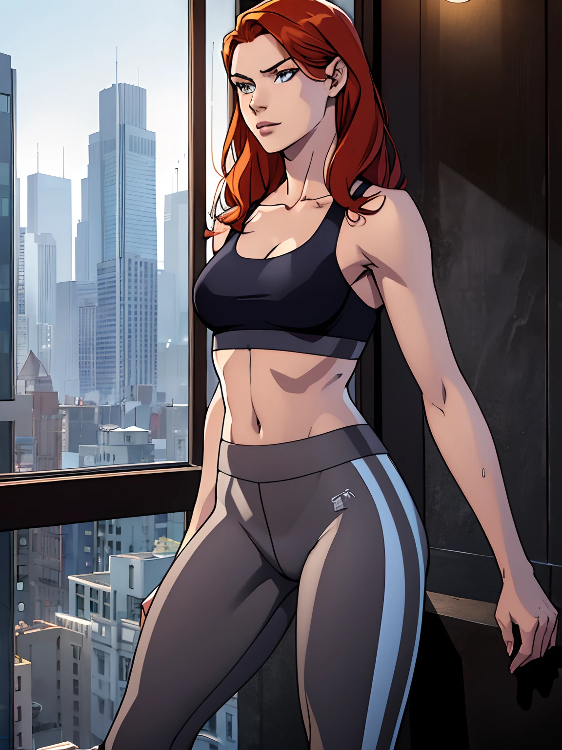 She's a young, slender woman with short, vibrant red hair and bright blue eyes, dressed in fitted gym attire. Confident and determined, she exudes assurance with a strong posture and a self-assured expression. Her domain is the gym, where her infectious energy shines, whether as an athlete or a dedicated instructor.red wet wavy long hair, fit body , huge breasts, gym sportswear black and gold