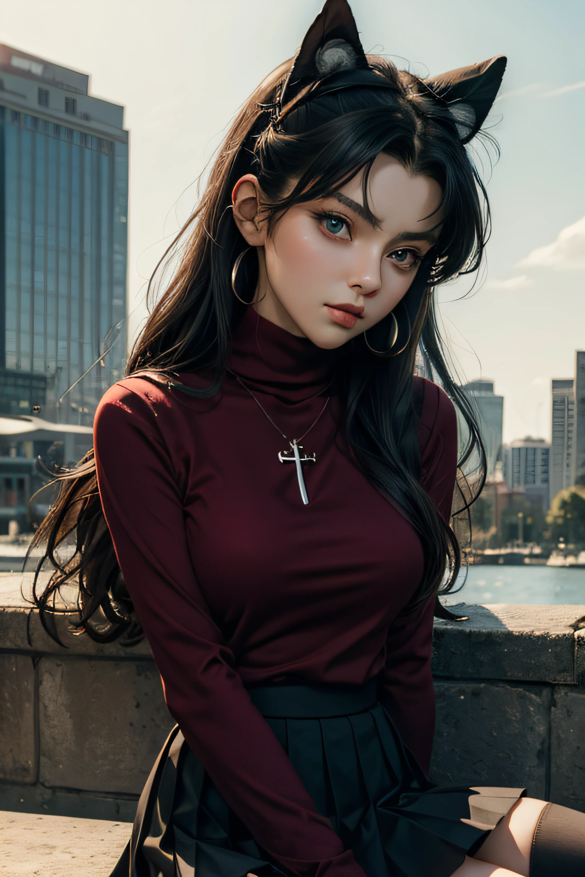 (masterpiece), best quality, expressive eyes, perfect face, 1girl, solo, rintohsaka, rin tohsaka, aqua eyes, black hair, hair ribbon, long hair, ribbon, sidelocks, two side up, black skirt, black thighhighs, long sleeves, miniskirt, pleated skirt, ((red sweater)), skirt, sweater, thighhighs, turtleneck, city background, sitting, character sheet, upper body, portrait, looking at viewer