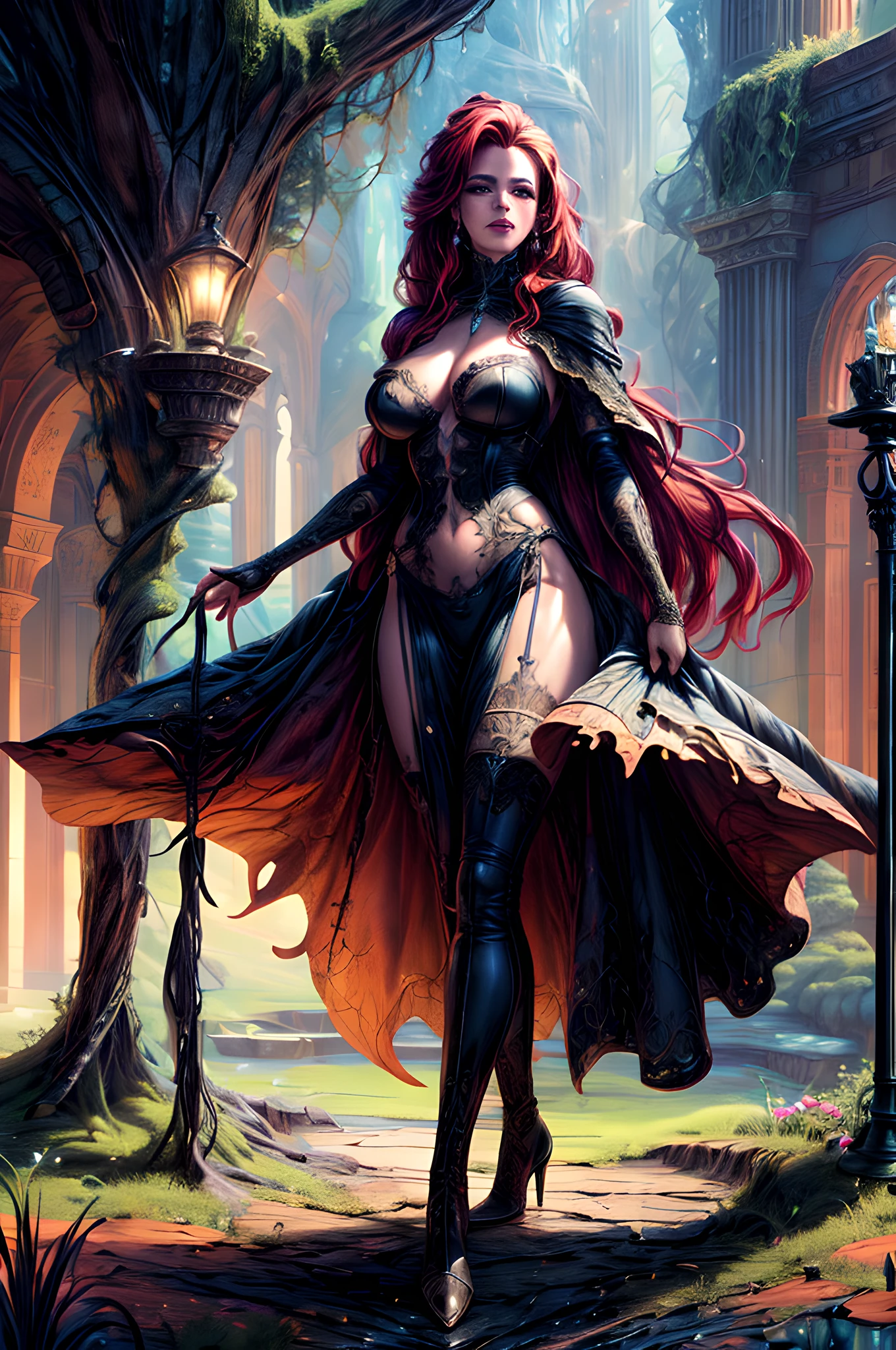 high details, best quality, 8k, [ultra detailed], masterpiece, best quality, (extremely detailed), full body, ultra wide shot, julie bell style (ultra details, Masterpiece, best quality), fantasy art, dnd art,fantasy art, realistic art, a sorceress casting a spell in magical library (ultra details, Masterpiece, best quality), exquite beautiful human woman (ultra details, Masterpiece, best quality), red hair, long hair, black dress (ultra details, Masterpiece, best quality), white cloak (ultra details, Masterpiece, best quality), high heeled boots (ultra details, Masterpiece, best quality)