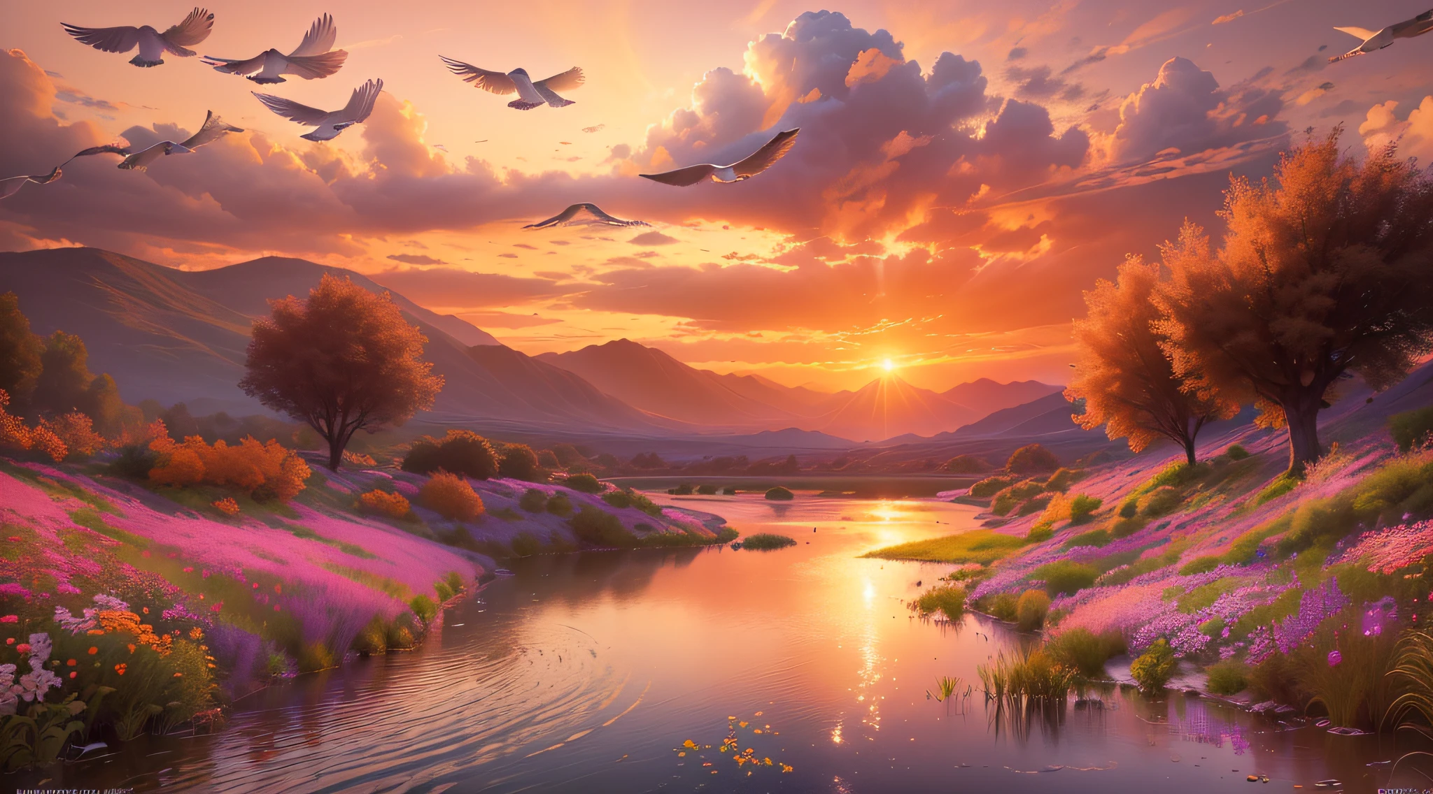 (best quality,4k,8k,highres,masterpiece:1.2),ultra-detailed,(realistic,photorealistic,photo-realistic:1.37),positive landscape of a beautiful sunset sky,valley with a river,flocks of white birds flying across the sky,abundance of flowers on the ground,pinkish orange clouds in the sky,fresh breeze