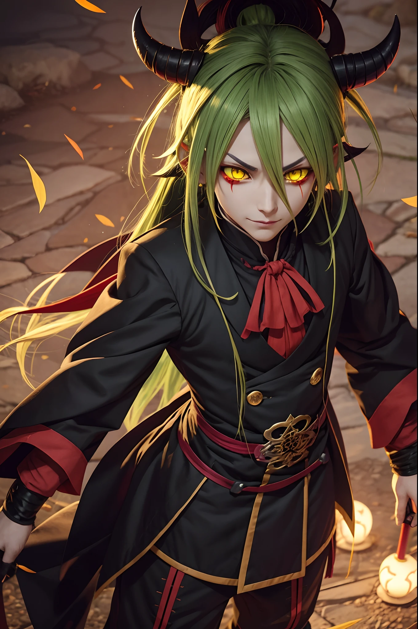 Ryomen Sukuna, Long Back Hair, Eyes GReen right and Left yellow, Red Skin Demon, No Horns, Ryomen Sukuna