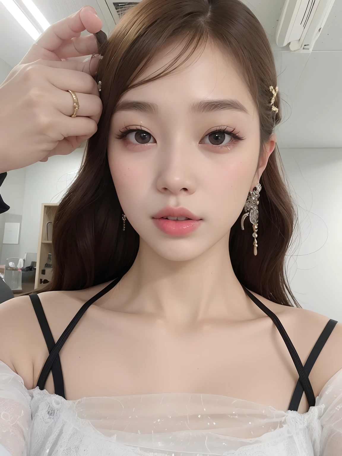 ulzzang-6500-v1.1, (RAW Photos:1.2), (Photorealistic), (Genuine:1.4), (Mastepiece), masterpiece, Absurd, The finer details, High resolution, Highly detailed face and eyes, Photorealistic, (Random Porn Pose),(Random Hairstyles), One girl, Black Hair, smile, View your viewers, Adult, Fully mature, wearing a see-through nightgown、Close your eyes and wait for a kiss、Full Body Shot:1.2