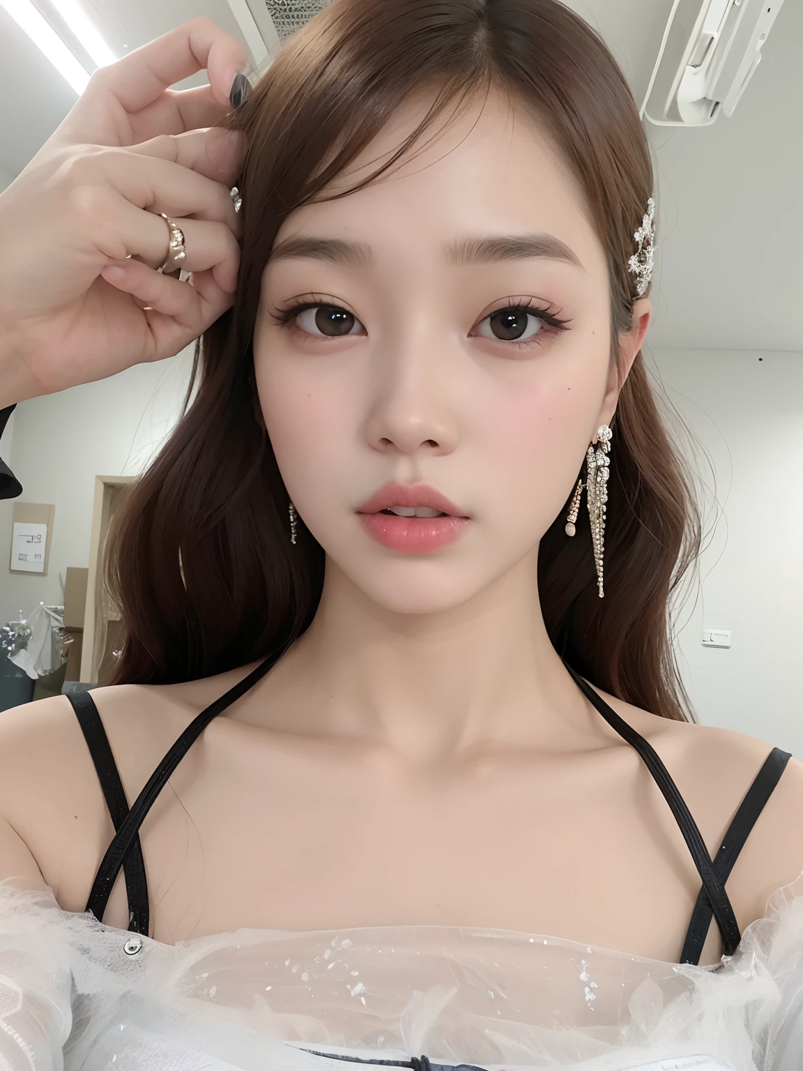 um close up de uma mulher com um pente de cabelo em um quarto, Lalisa Manobal, Jinyoung Canela, Jaeyeon Nam, maquiagem sul-coreana popular, Ulzzang, Heonhwa Choe, wan adorable korean face, maquiagem coreana popular, Parque Ji-min, Lee Ji - Eun, Lee Ji-eun, Dom Yunjoo, Hwang SE - EM