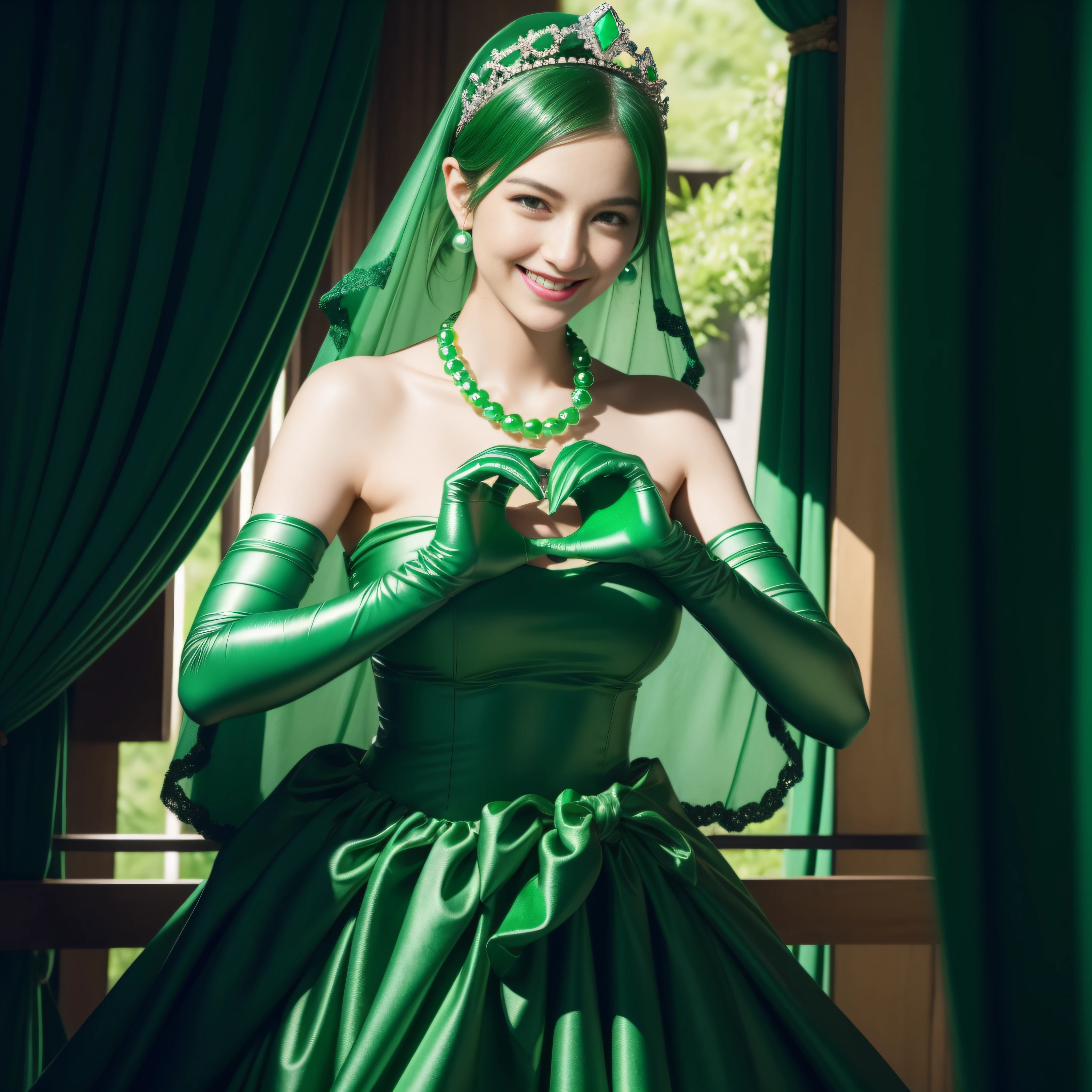 emerald tiara, Green Pearl Necklace, ボーイッシュな非常に短いgreen hair, green lips, Smiling Japan woman in her 30s, very short hair, Beautiful woman with big breasts, green eyes, green satin long gloves, green eyes, emerald earrings, Green veil, Heart with both hands, green hair, beautiful japanese woman, heart shaped hands:1.3, green lip gloss