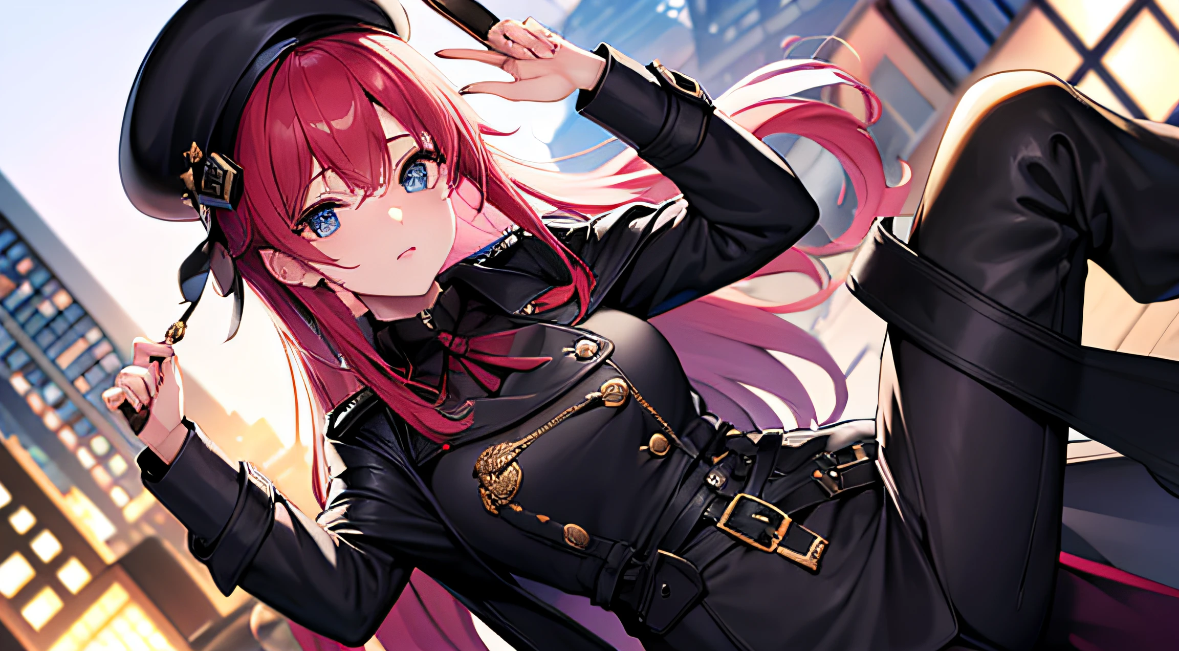 4K, realistisch, Hohe Detailgenauigkeit, Super Augen detailliert, Modekleidung, rosafarbener Trenchcoat, French beret, black trousers with belt, Lange Haare, in der Stadt, Rosa Haare, lila Augen, Yae Miko, Trendige Sonnenbrille tragen,