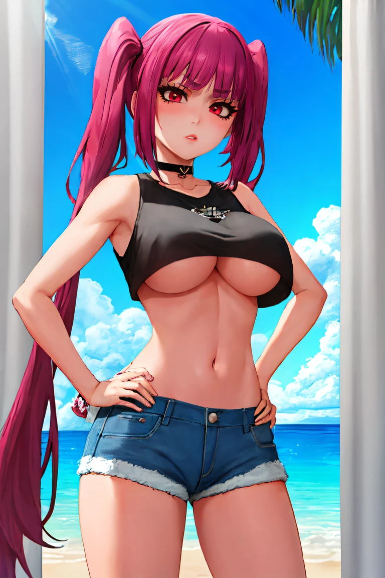 masterpiece, best quality, portrait of Riruka in her 20s, solo, red eyes, black crop top, (plain crop top:1.1), (baggy crop top:1.1), (boob curtains:1.3), denim shorts, black choker, (hands on hips:0.9), (tropical beach background:1.1), expressing attitude, resting bitch face, angry, blush, medium waist, round hips, medium thighs, medium breasts, detailed eyes, detailed face, good quality