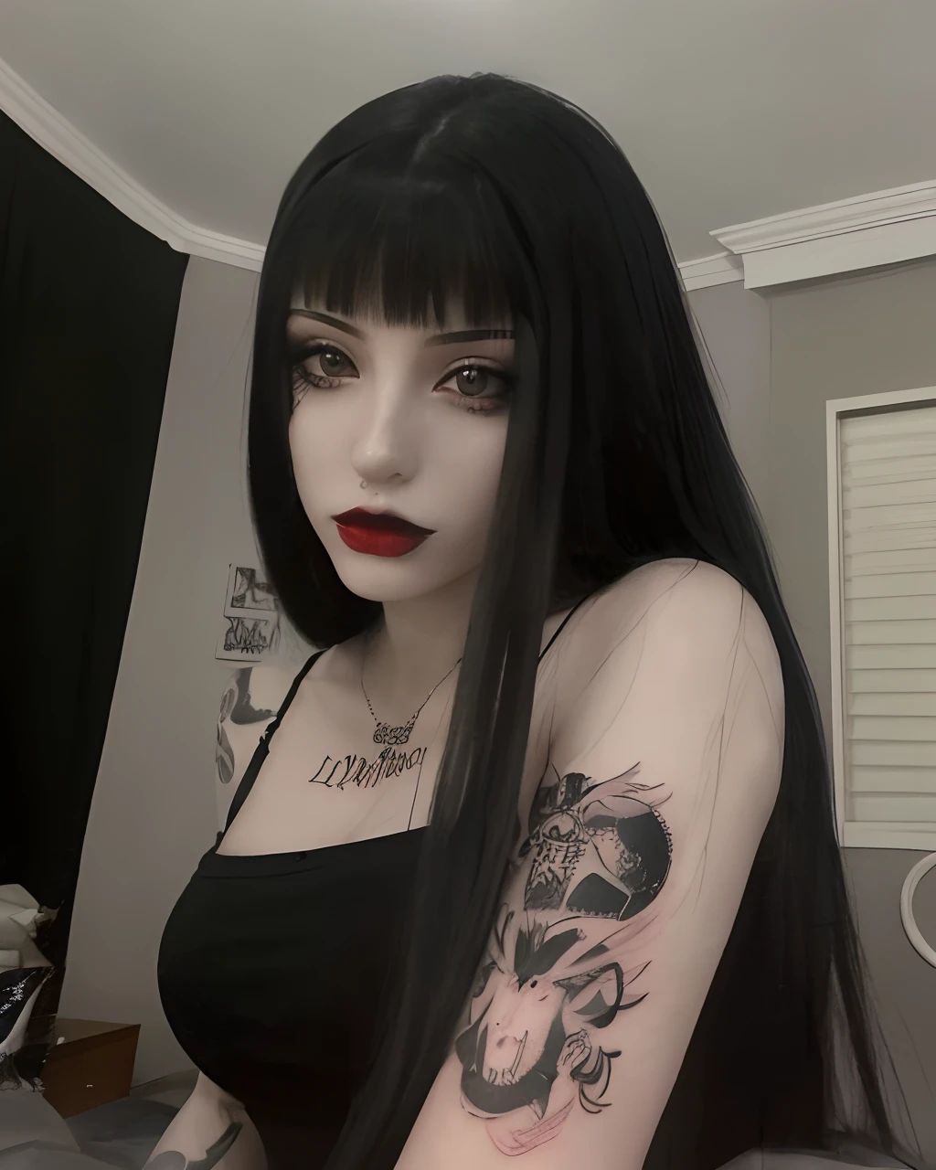 Woman with long black hair and a tattoo on her arm, 1 7 - year - old goth girl, goth girl aesthetic, pale goth beauty, goth girl, gothic aesthetic, 1 7 - year - old anime goth girl, cabelo preto longo com franja, sombrio e realista, Ela tem cabelo preto com franja, gothic aesthetic, cabelo blackbangs cabelo, goth vibe
