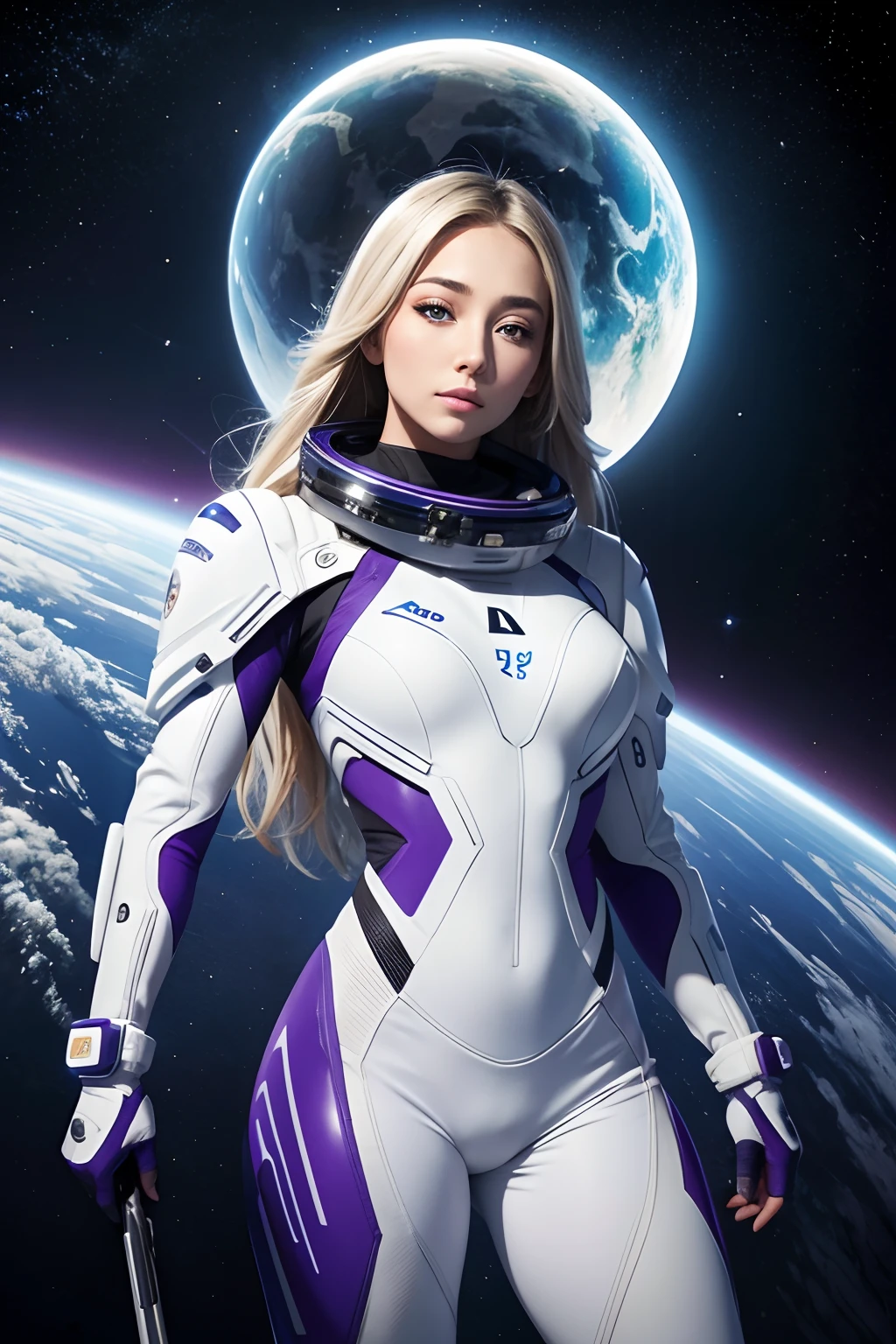 AJ Applegate | Arte Vetorial | segurando uma arma | Look at the camera | Corpo inteiro | poses sensual | Cabelos longos | Spacesuit white and purple | flying in the space | luz azul predominante | highes definition | ALTOS DETALHES | ESTILO Grafico | TRAJES FUTURISTA | Max Resolution | Arte vetorial