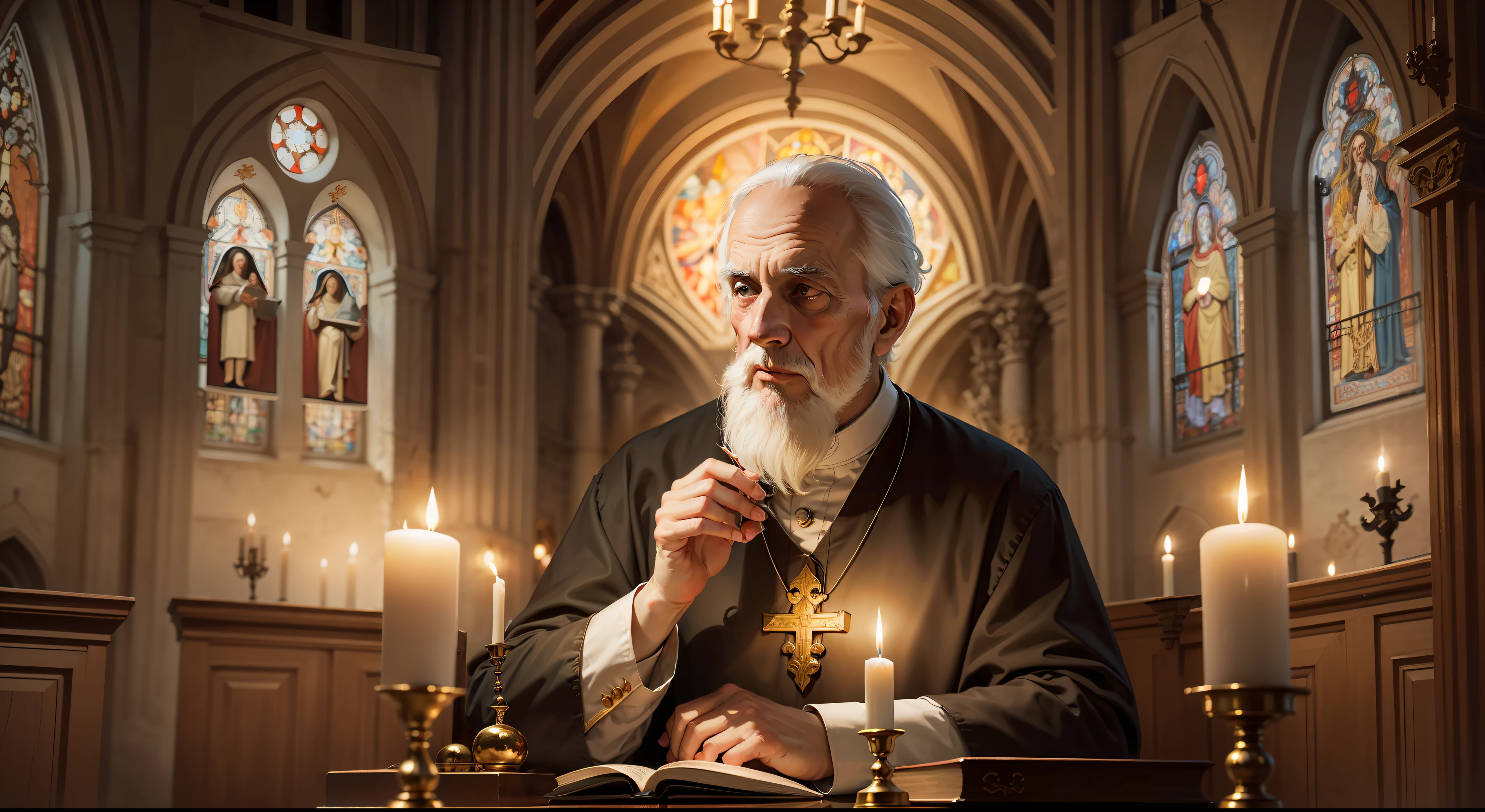 [Uma pintura realista de St. Benedict inside a candlelit church]