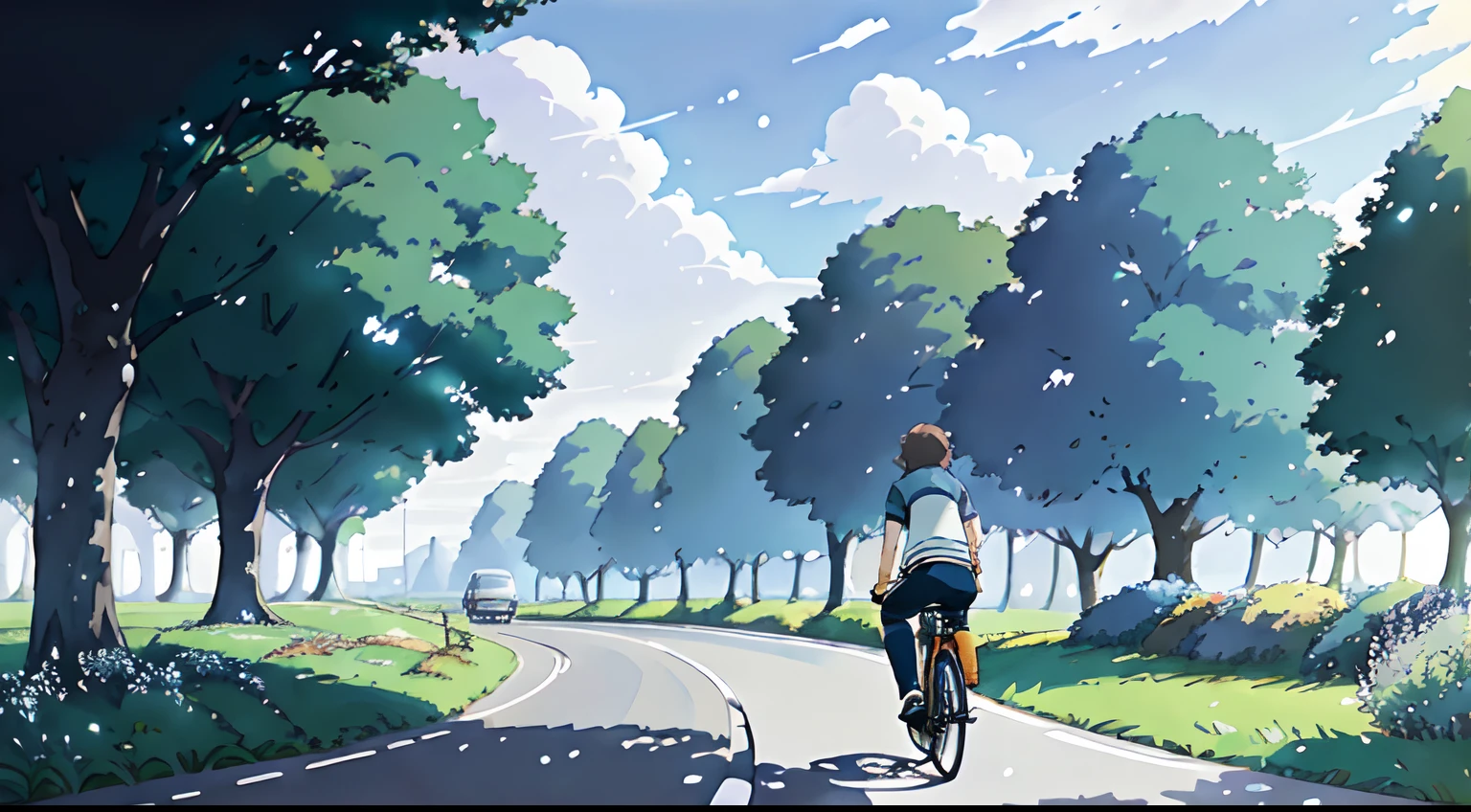 (cycliste seul: 1.5), (Vélo réaliste: 1.5), (cycliste réaliste: 1.5), Plan en gros plan, Le meilleur des meilleurs, automne, ciel gris, pluie, feuilles d’oranger, couleurs de l'automne, Feuilles qui tombent, Arrière-plan paysager, ombres, contraste, Makoto Shinkai (Meilleure qualité:1.3), (Haute résolution:1) Art par Studio Ghibli Style, impressionnisme, couleurs vibrante