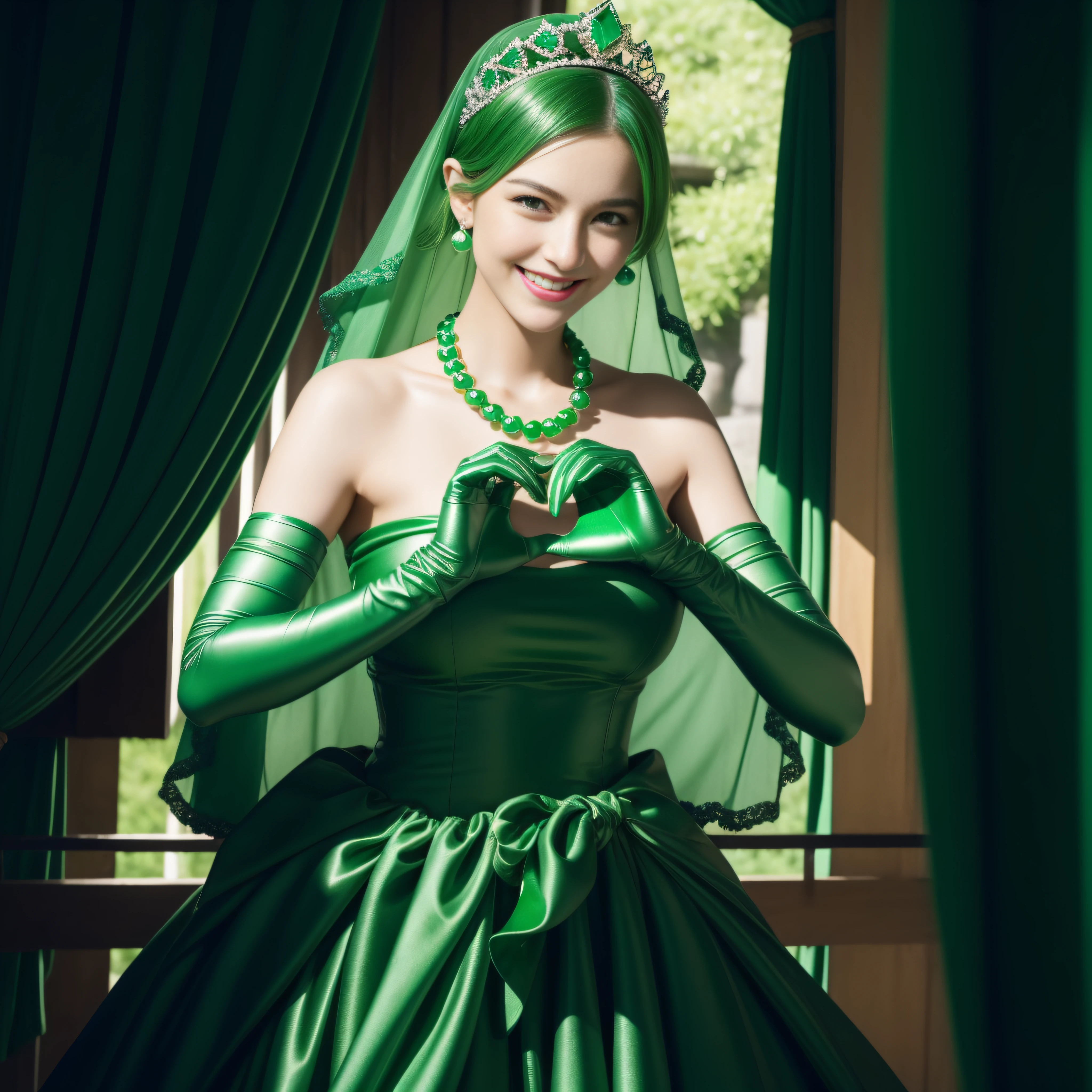 emerald tiara, green pearl necklace, boyish very short green hair, lipstick, smiling Japanese woman, very short hair, big breasts beautiful, green eyes, Long Green Satin Gloves, green eyes, V sign, emerald earrings, green veil, green lip gloss