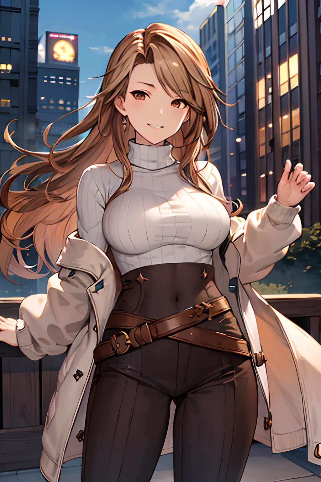 masterpiece, best quality, highres, katalina (granblue fantasy), cowboy shot, outdoors,sweater, ribbed sweater, long sleeves, high-waist pants, city