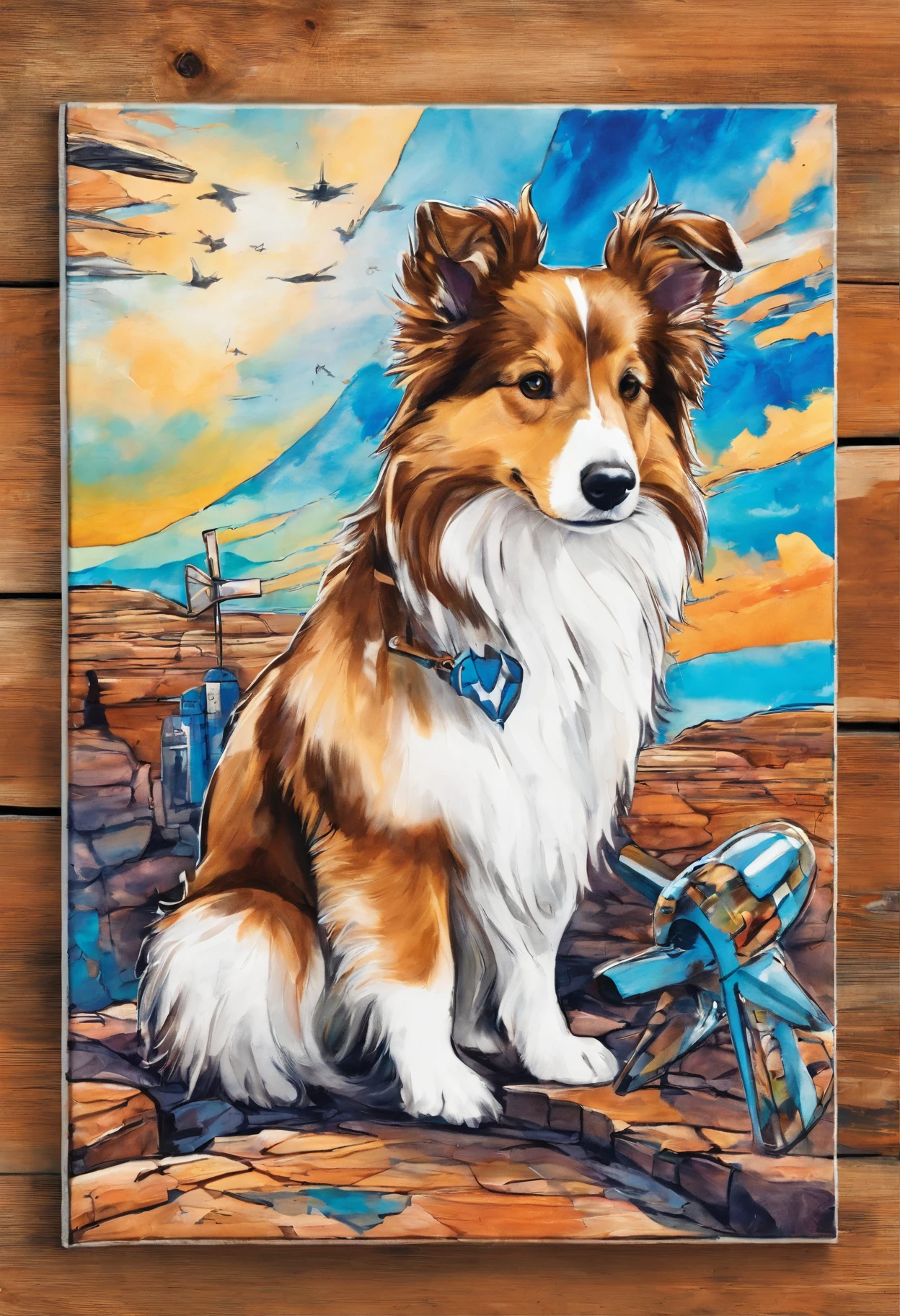 Sedona Arizona mountain ledge closeup of a Miniature Sheltie leaning up against a wooden cross in the ground while a blue and white Piper Cherokee airplane flies in the sky overhead, with mesas in the background, sharp details, vivid watercolor style, watercolor