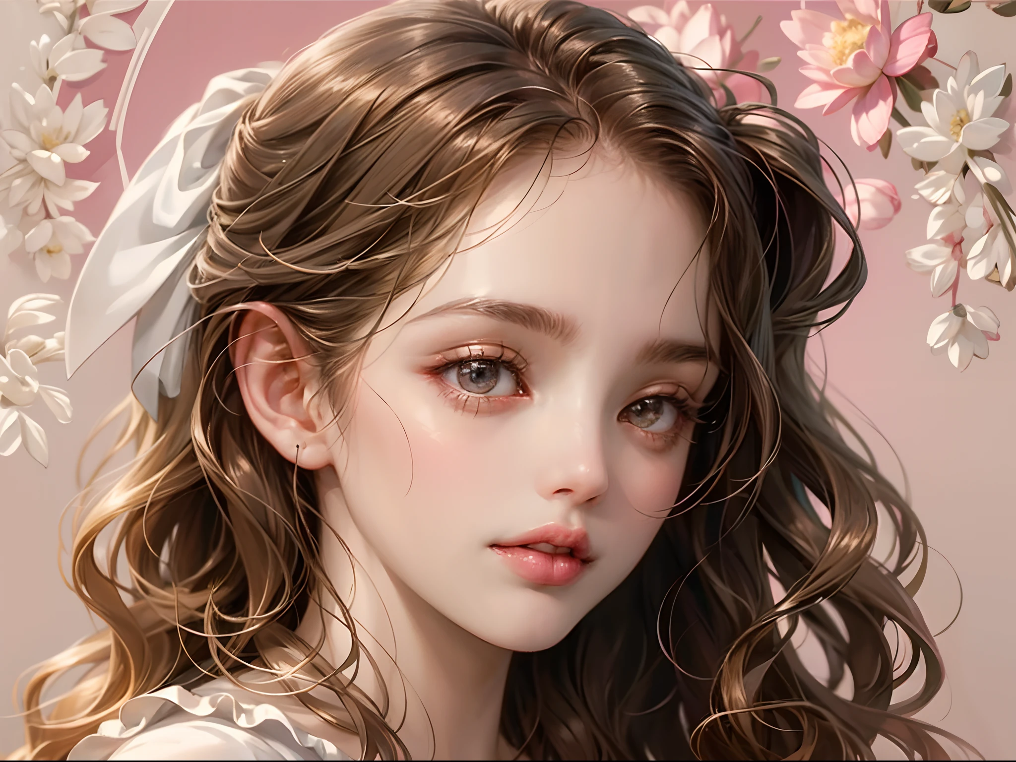 1 year old infant,closeup of face,Chubby little face,Big round eyes,Curly hair,Long hair,Q version avatar,Moe,Cute style,Delicate and exquisite,Head portrait,Close-up of the head,Lotus pink background,the soft light