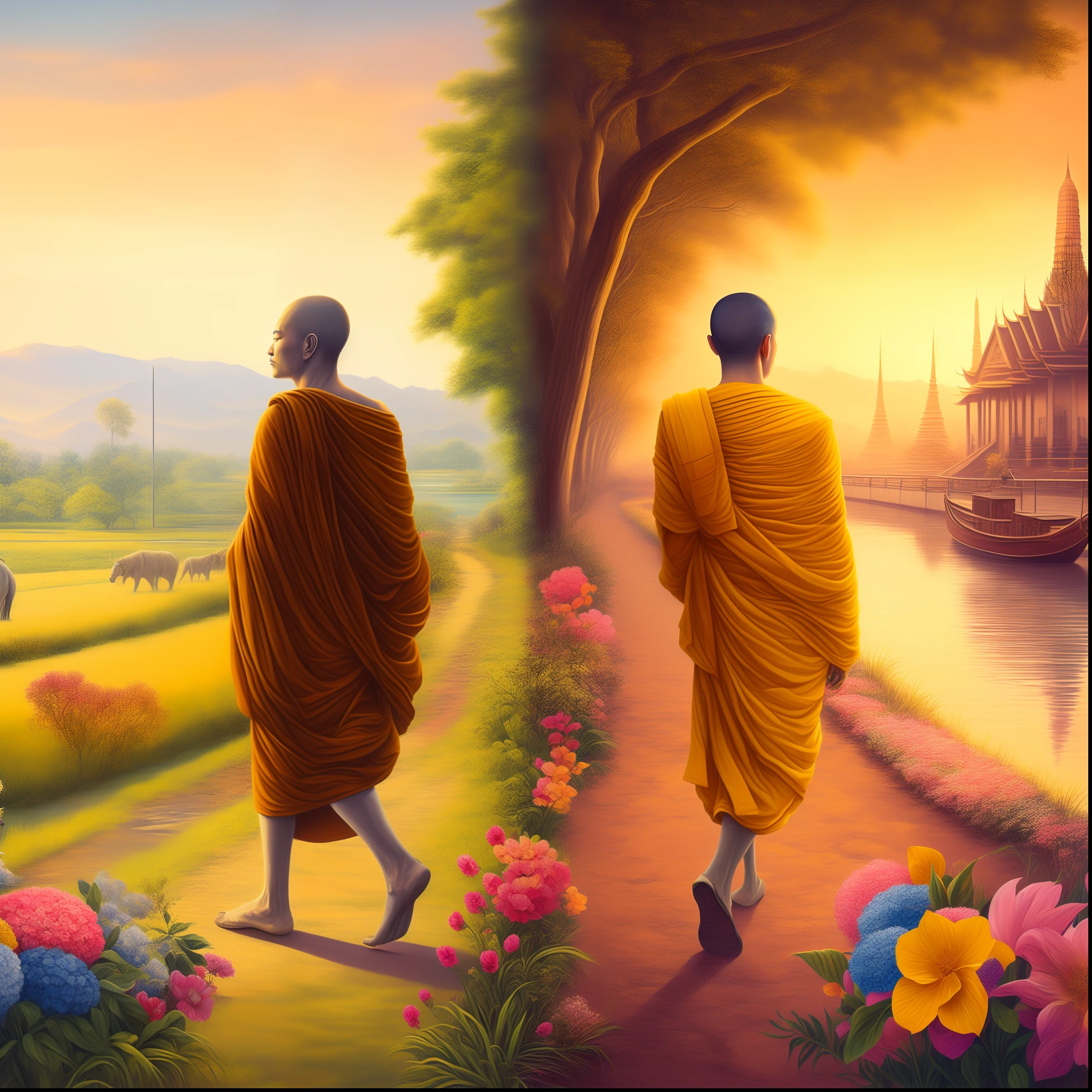two monks walking down a path with a river and a pagoda in the background, on path to enlightenment, on the path to enlightenment, thailand art, spiritual imagination of duality, buddhism, beautiful art uhd 4 k, hd wallpaper, buddhist, 4k highly detailed digital art, spiritual enlightenment, amazing wallpaper, beautiful depiction, james gurney and andreas rocha
