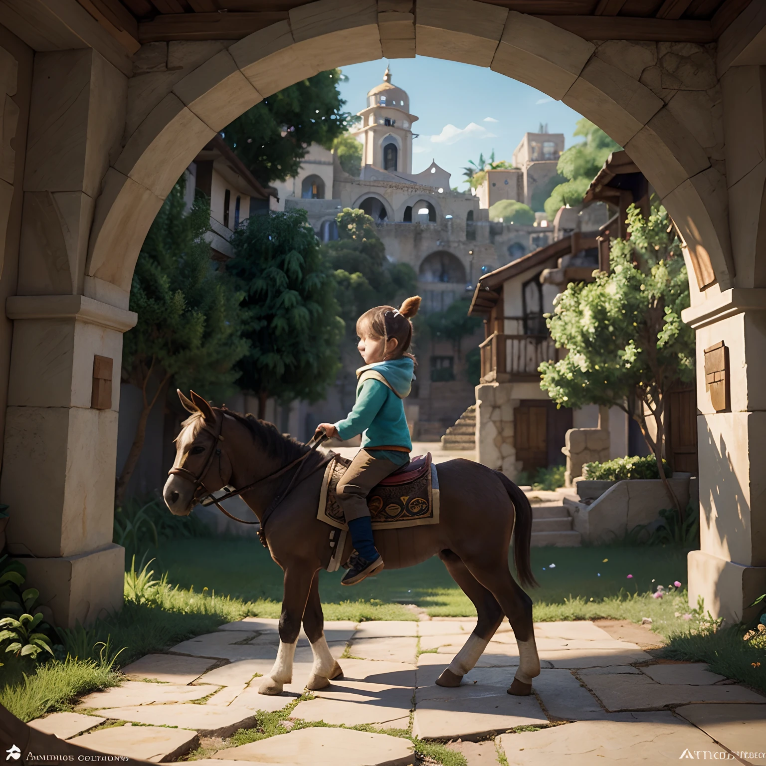 Cartoon illustration of a children on a donkey, illustration of children's books, colorful kids book illustration, fantasy RPG book illustration, illustration of children's books, mobile game art, Game Illustration, story book illustration, detailed game art illustration, estilo de arte de jogo de fantasia, illustration for children, Arte infantil em Artstation, fantasy book illustration, cute storybook illustration, illustration of children's book, casas de adobe