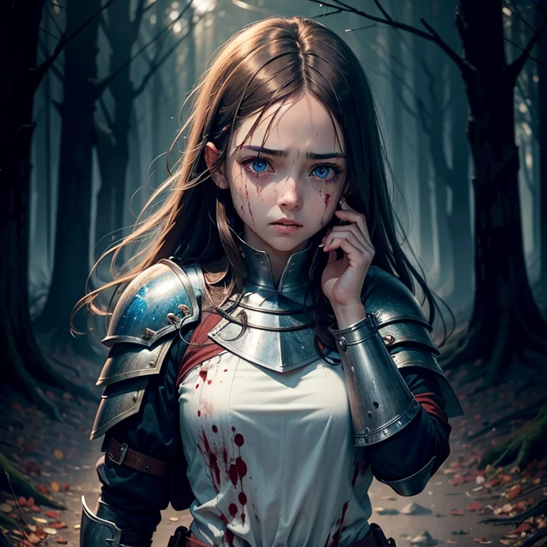 1 girl, brown hair, blue eye, crying, scared, holding left eye with left hand, left hand on face, left hand covering left eye, blood splattered face, covered in blood, horror, Knights armour, no helmet, sword in right hand, woods, fire everywhere, rain, stars, night sky, intricate detail, perfect anatomy, wallpaper, 8k, fullbody