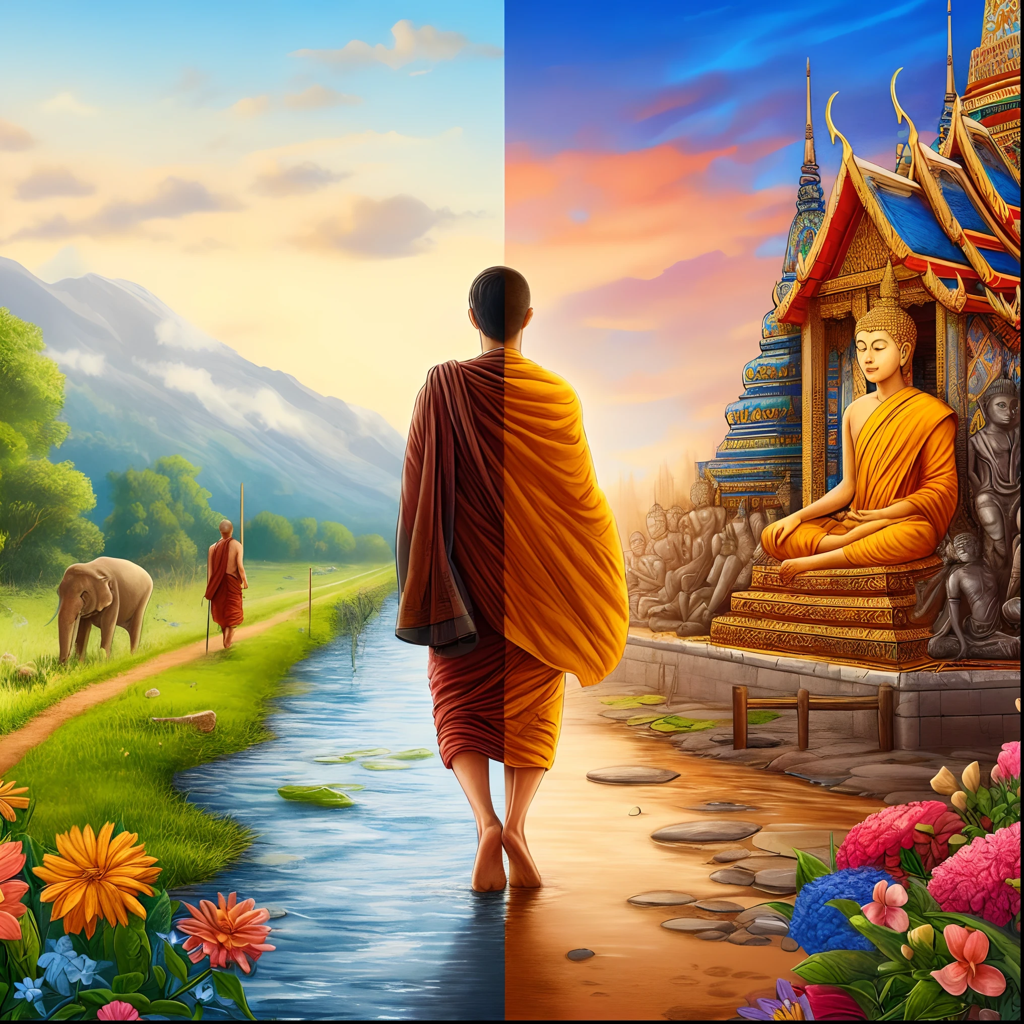 painting of a monk walking towards a temple and a river, buddhism, on path to enlightenment, thailand art, buddhist, on the path to enlightenment, amazing depth, monk meditate, 4k highly detailed digital art, beautiful art uhd 4 k, stoic and calm, spiritual enlightenment, hd wallpaper, artistic 4 k, amazing wallpaper, 4k detailed digital art