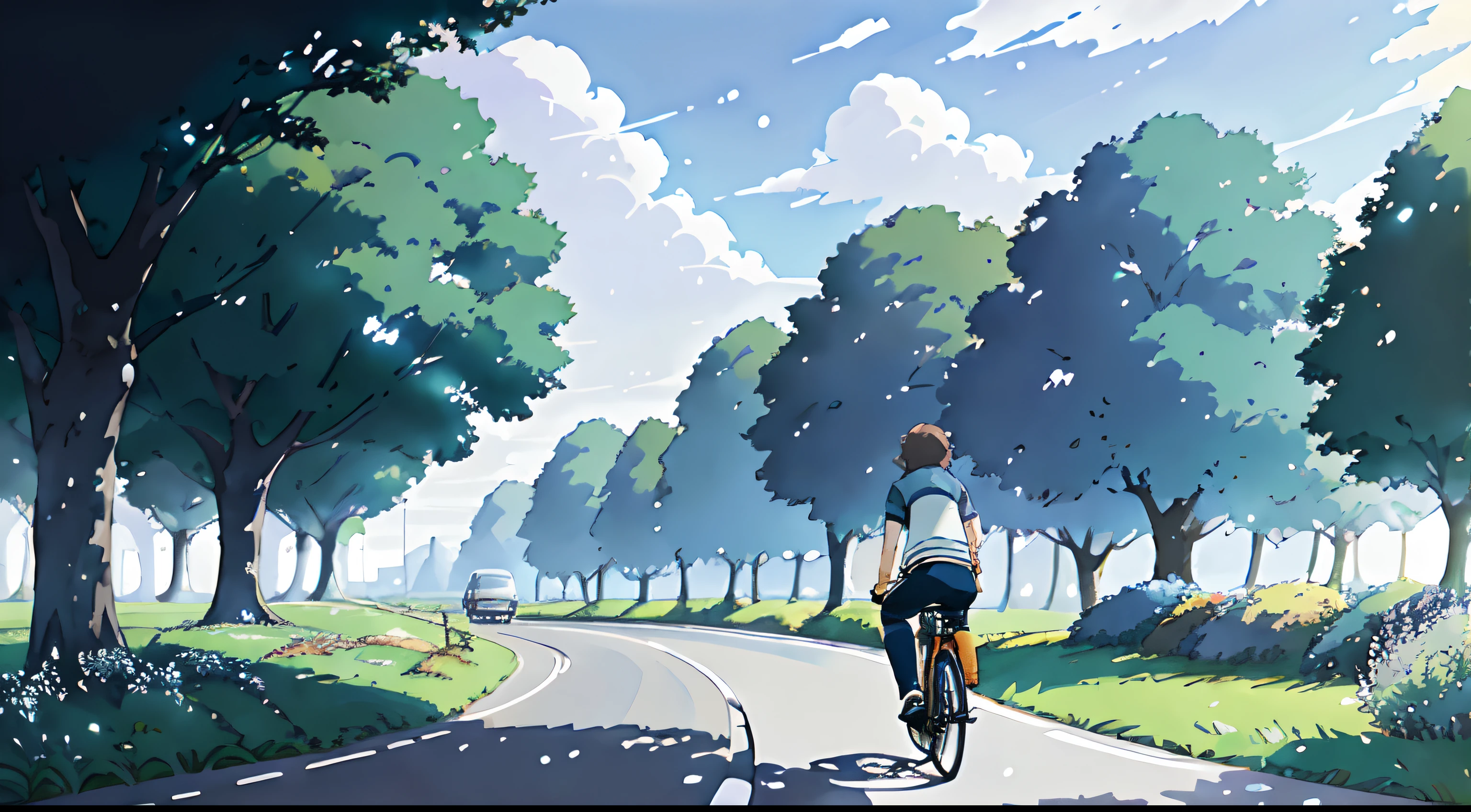 (cycliste seul: 1.5), (Vélo réaliste: 1.5), (cycliste réaliste: 1.5), Plan en gros plan, Le meilleur des meilleurs, automne, ciel gris, pluie, feuilles d’oranger, couleurs de l'automne, Feuilles qui tombent, Arrière-plan paysager, ombres, contraste, Makoto Shinkai (Meilleure qualité:1.3), (Haute résolution:1) Art par Studio Ghibli Style, impressionnisme, couleurs vibrante