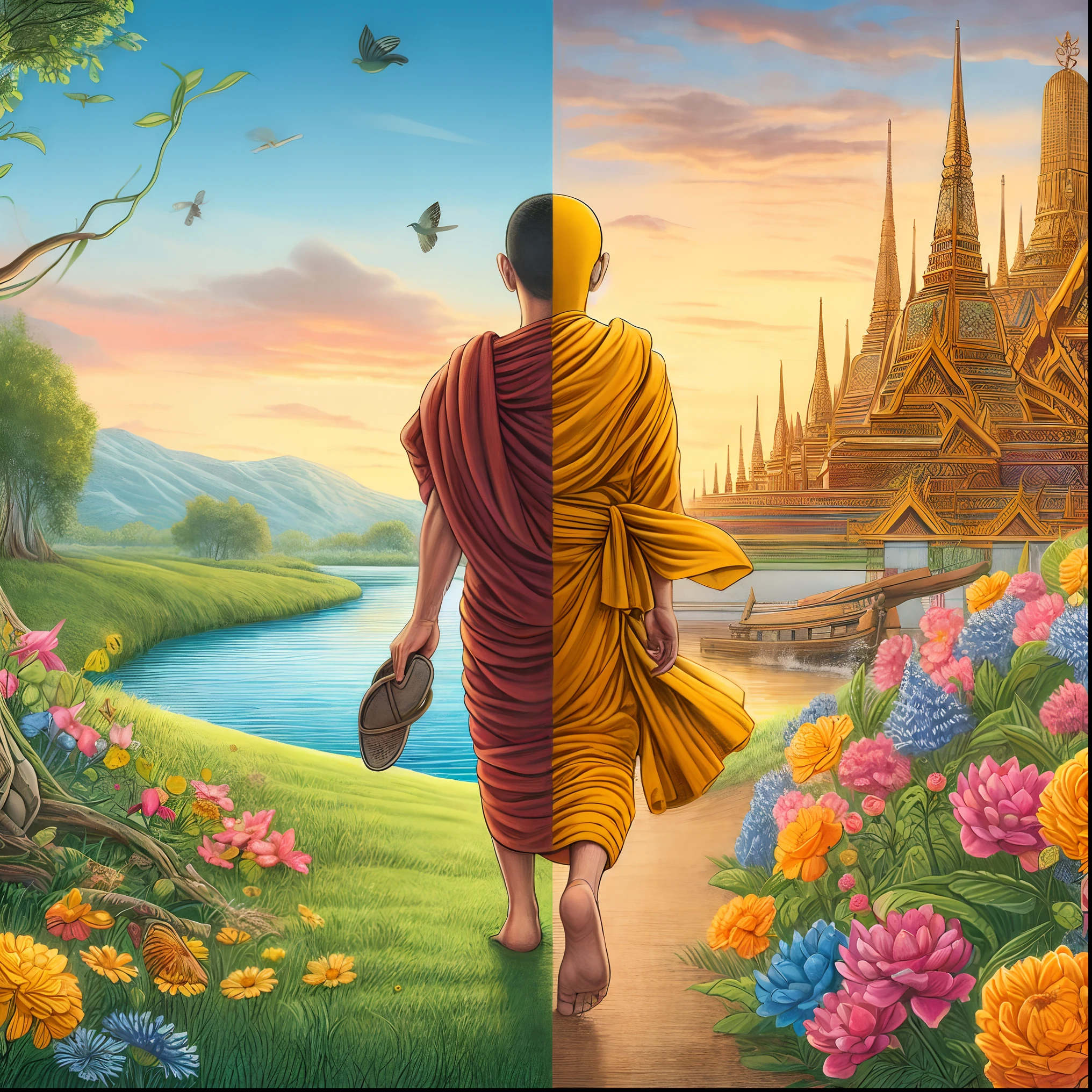 painting of a monk walking down a path towards a temple, buddhism, thailand art, on path to enlightenment, on the path to enlightenment, spiritual imagination of duality, buddhist, the journey of life, temple background, inspired by Kerembeyit, kilian eng and thomas kinkade, duality, beautiful digital artwork, monk, blossoming path to heaven