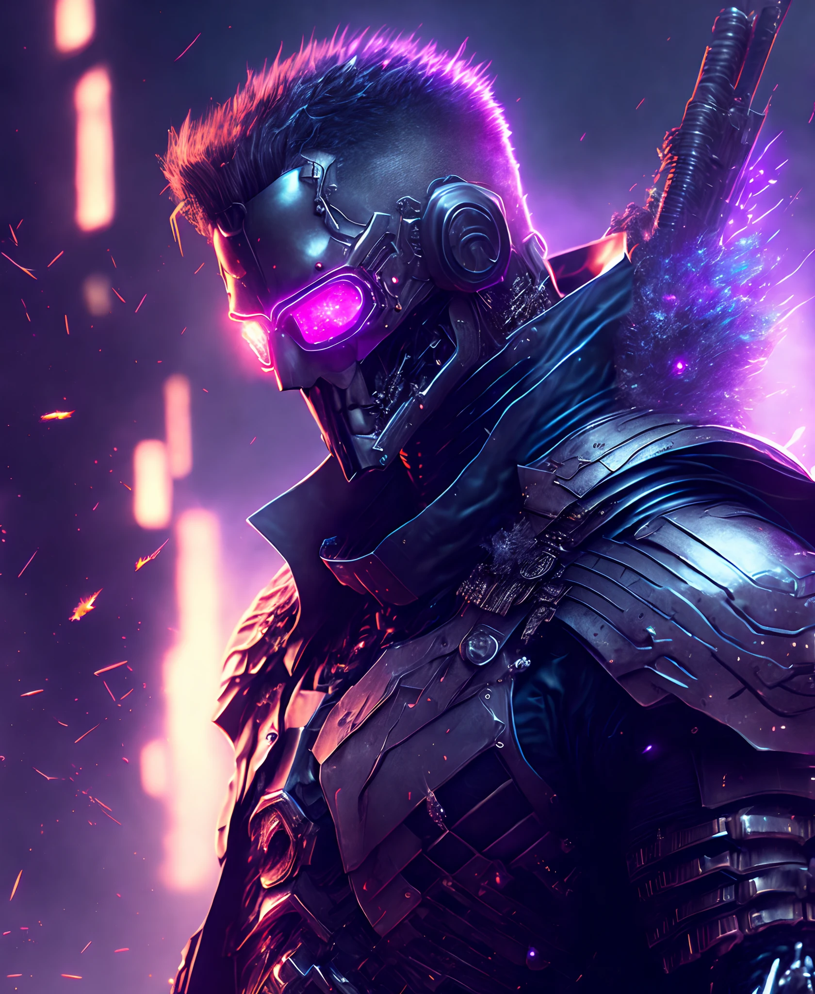 gloomy portrait of Cyborg Joker from DC with intricate angular cybernetic implants inside a brutalist building, gothic brutalist cathedral, cyberpunk, award-winning photo, bokeh, neon lights, cybernetic limb
