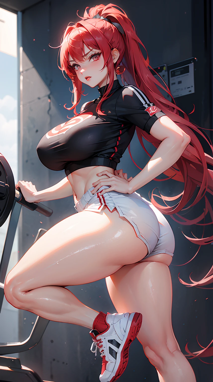 1 woman milf “"Giant breasts" + "large rear" + "wide hips" + "plump thighs" + "red eyes" + "(white star pupils)" + (("serious expression")) + "Long red Hair in a ponytail" + "Red Lips" + "Lucious Lips"”)}, {“Outfit”: short gym shorts, black tight crop top and sneakers})